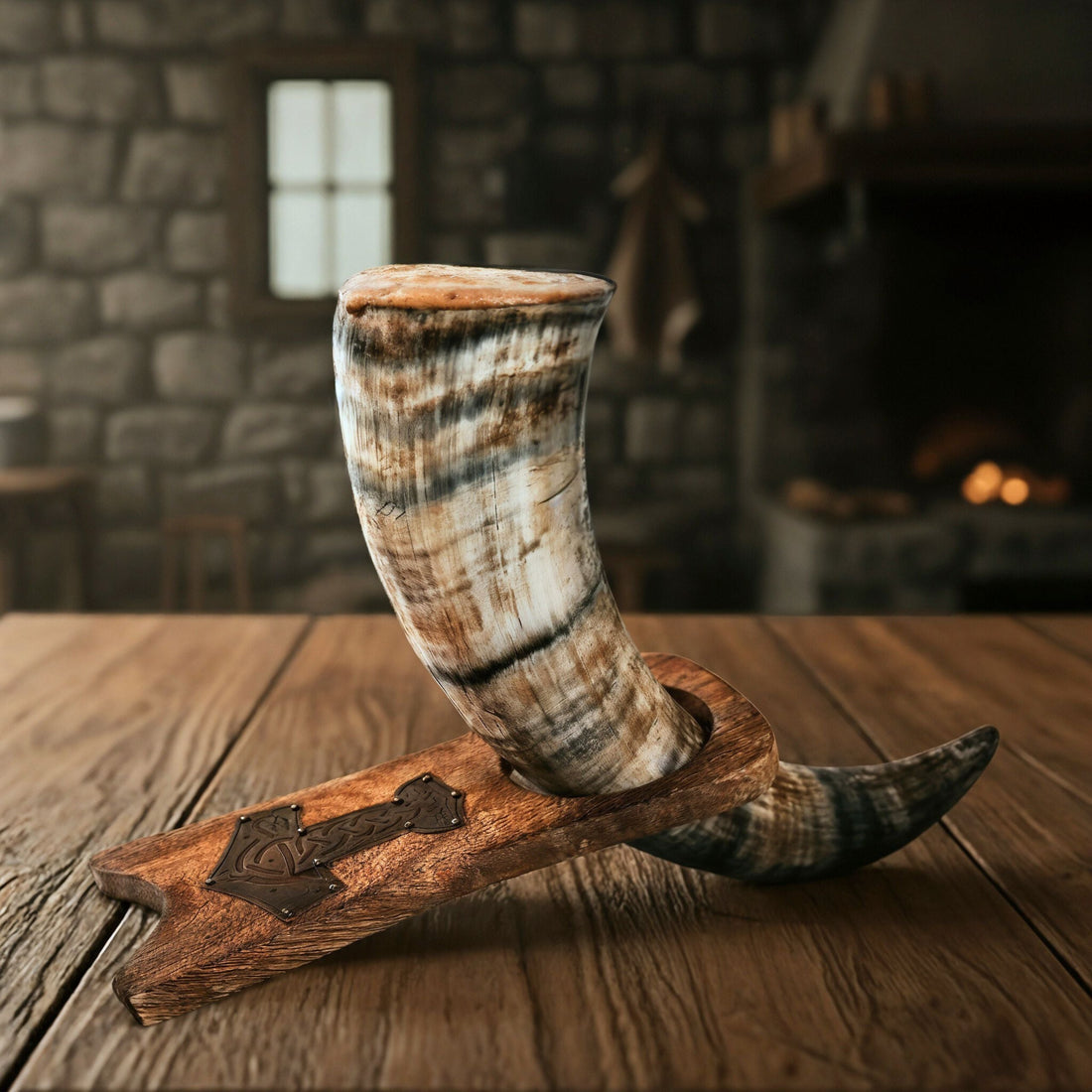 Decorative horn on a wooden stand with a rustic background