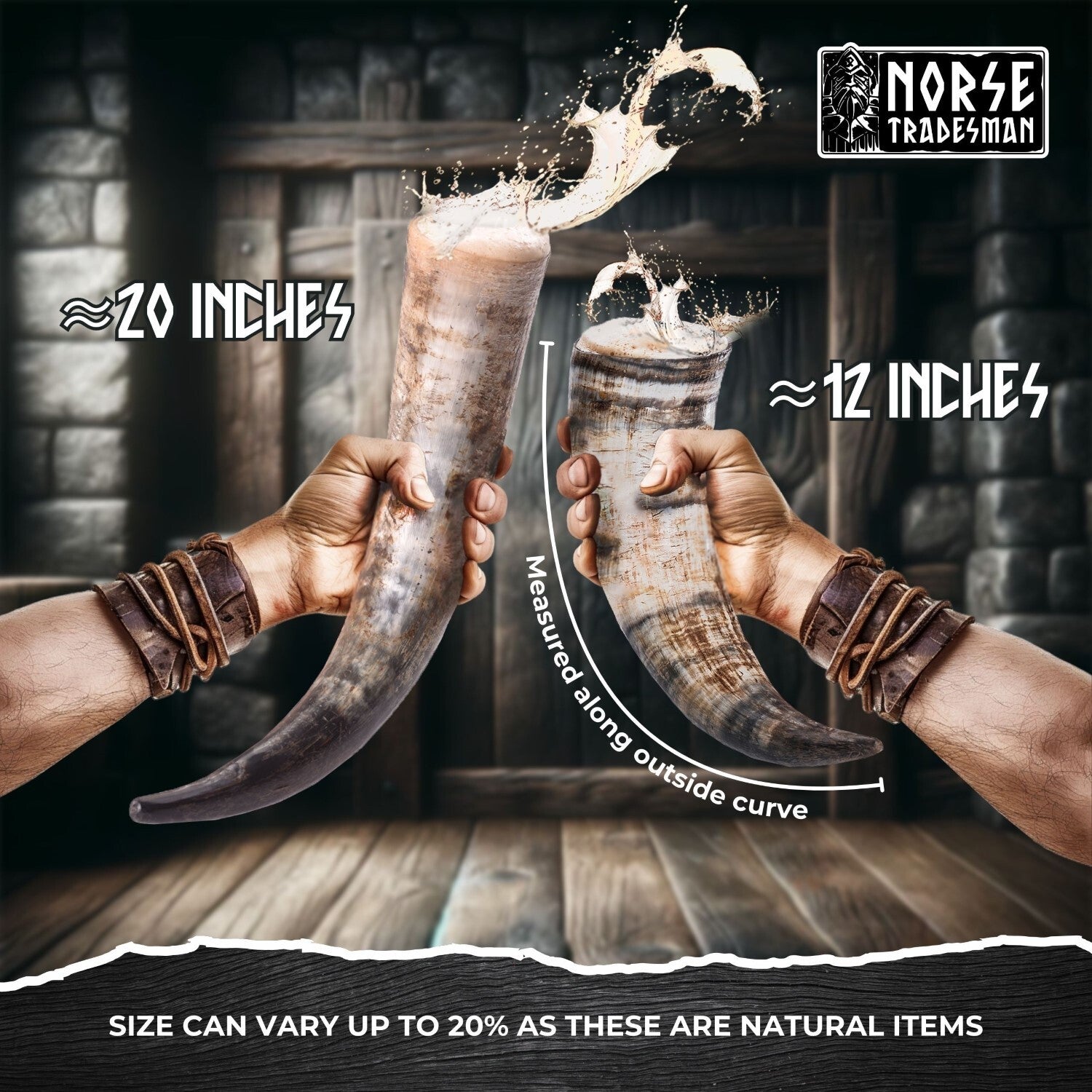 Two hands holding horned drinking vessels with measurements and 'Norse Tradesman' branding.