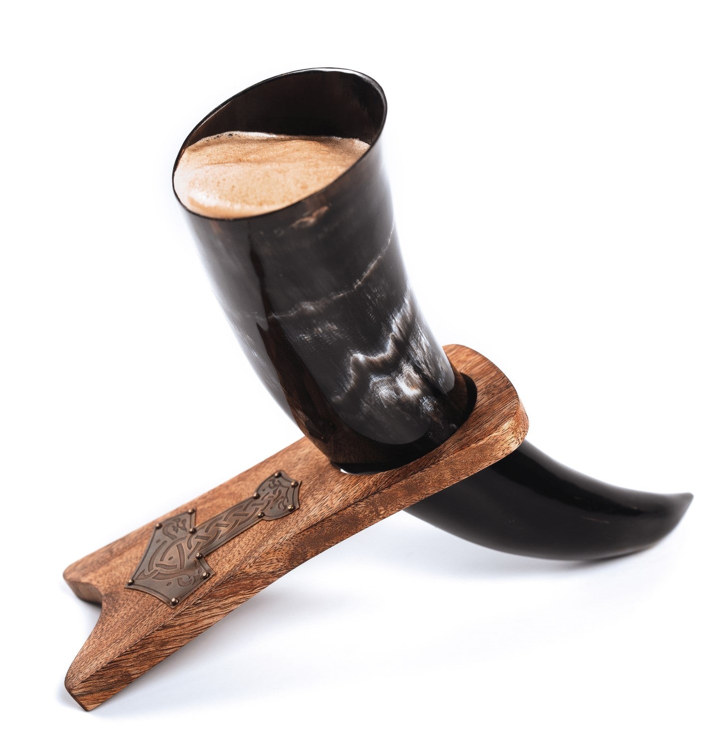 Black horn cup with wooden holder on a white background