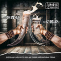 Two hands holding horned drinking vessels with measurements and 'Norse Tradesman' branding.