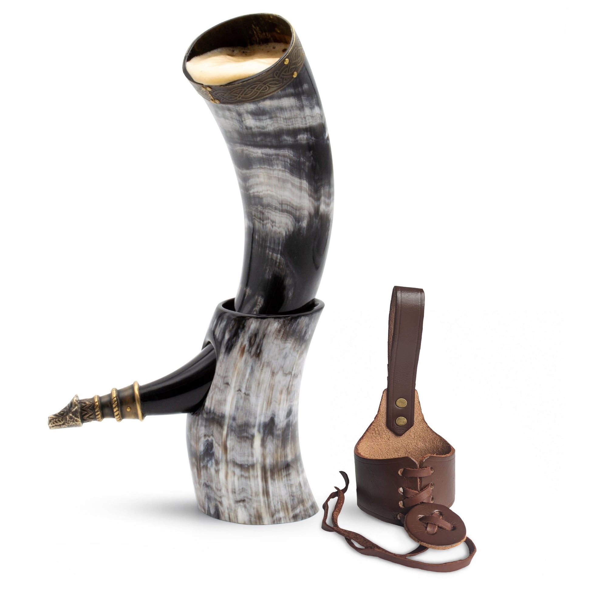 Horn with leather sheath on a white background