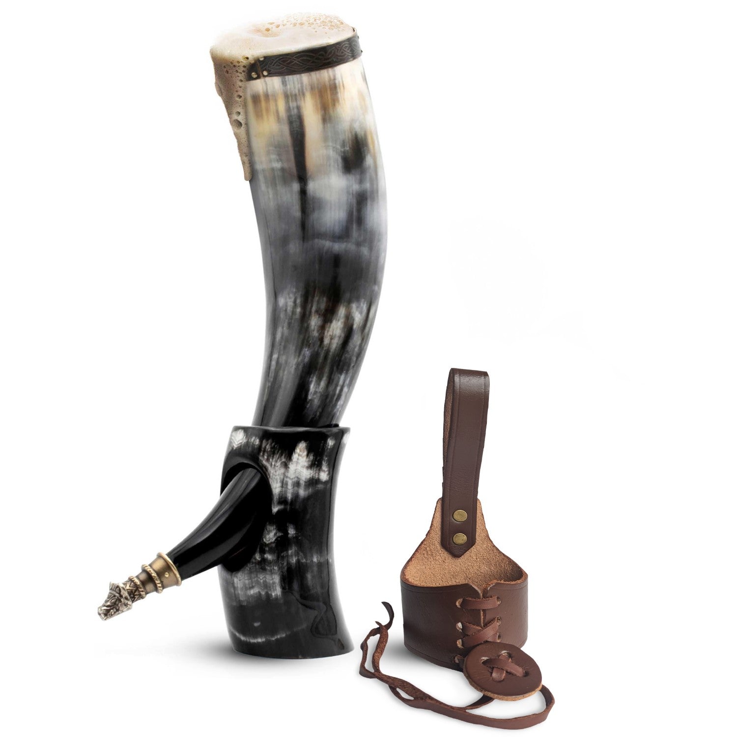 Large horn with a brown leather holder on a white background