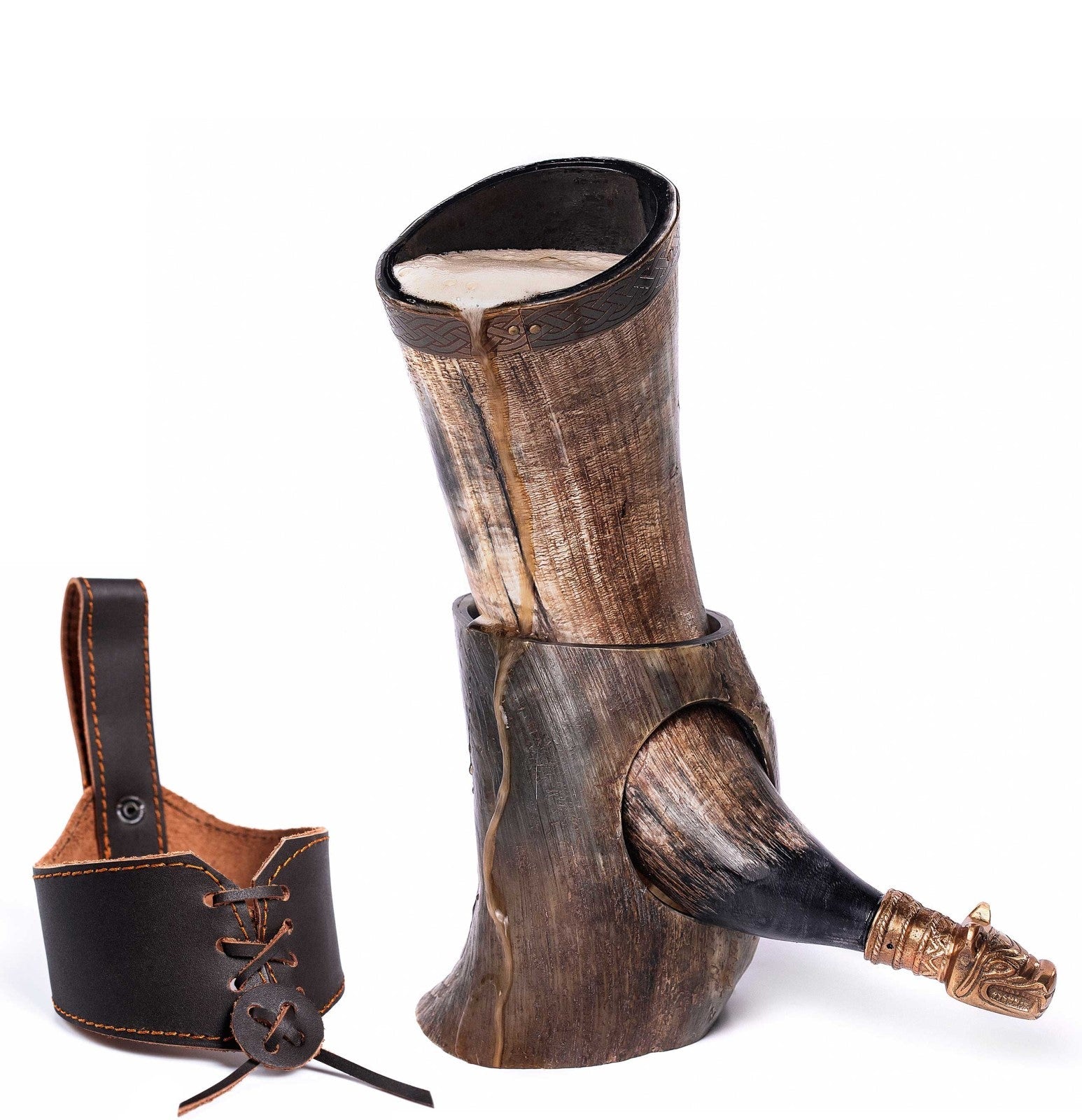 Wooden horn with leather holder on a white background