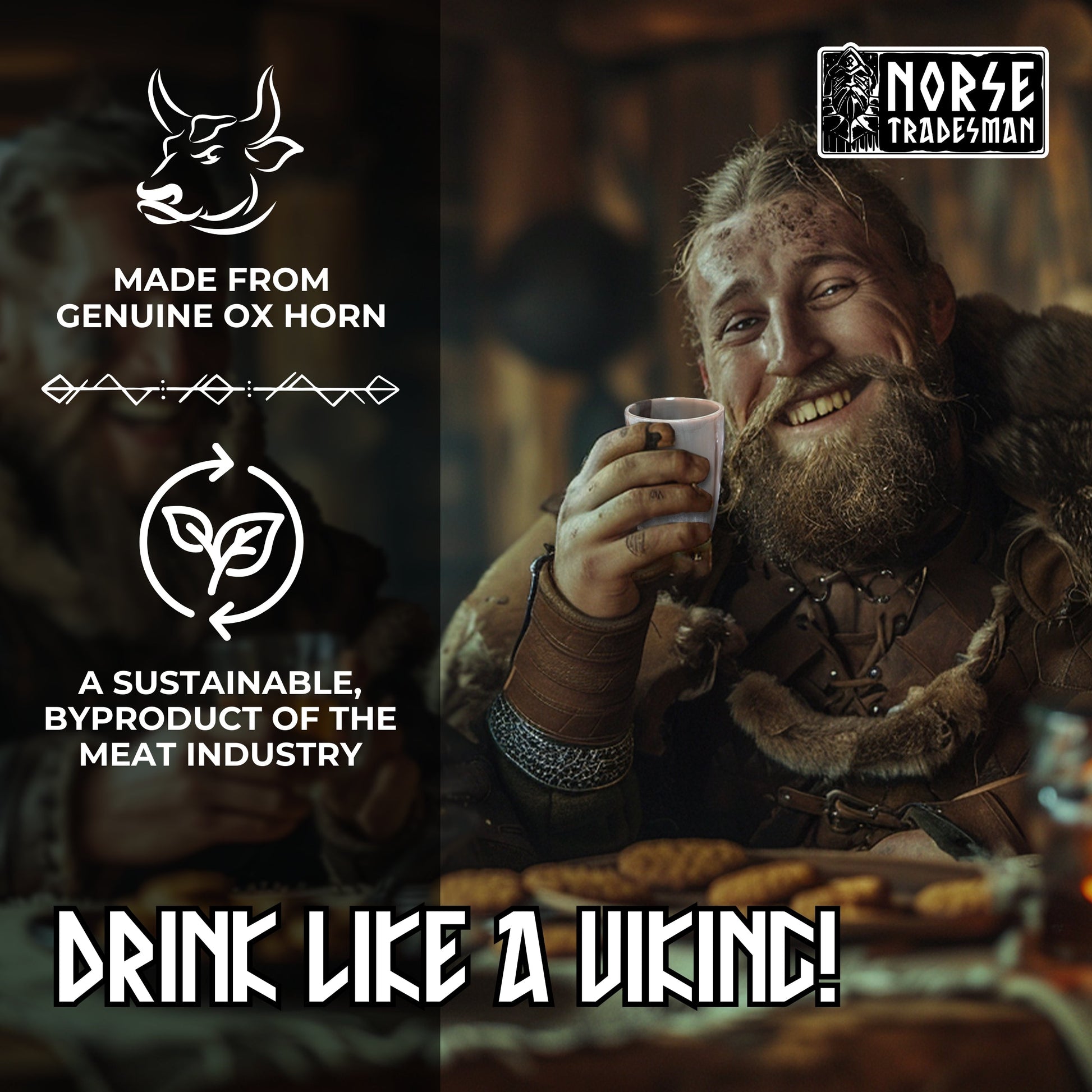 Man in Viking attire holding a drink with Norse Tradesman branding and text about ox horn drinking vessels.