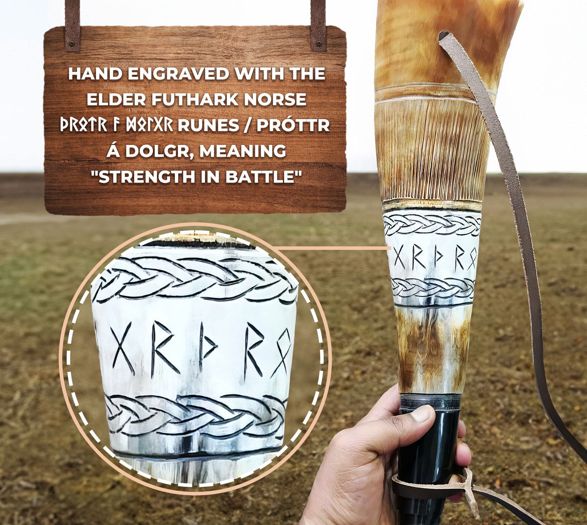 Hand-engraved horn with Elder Futhark runes and a wooden sign explaining the meaning.