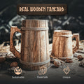 Two wooden tankards on a rustic background with text and icons indicating features.