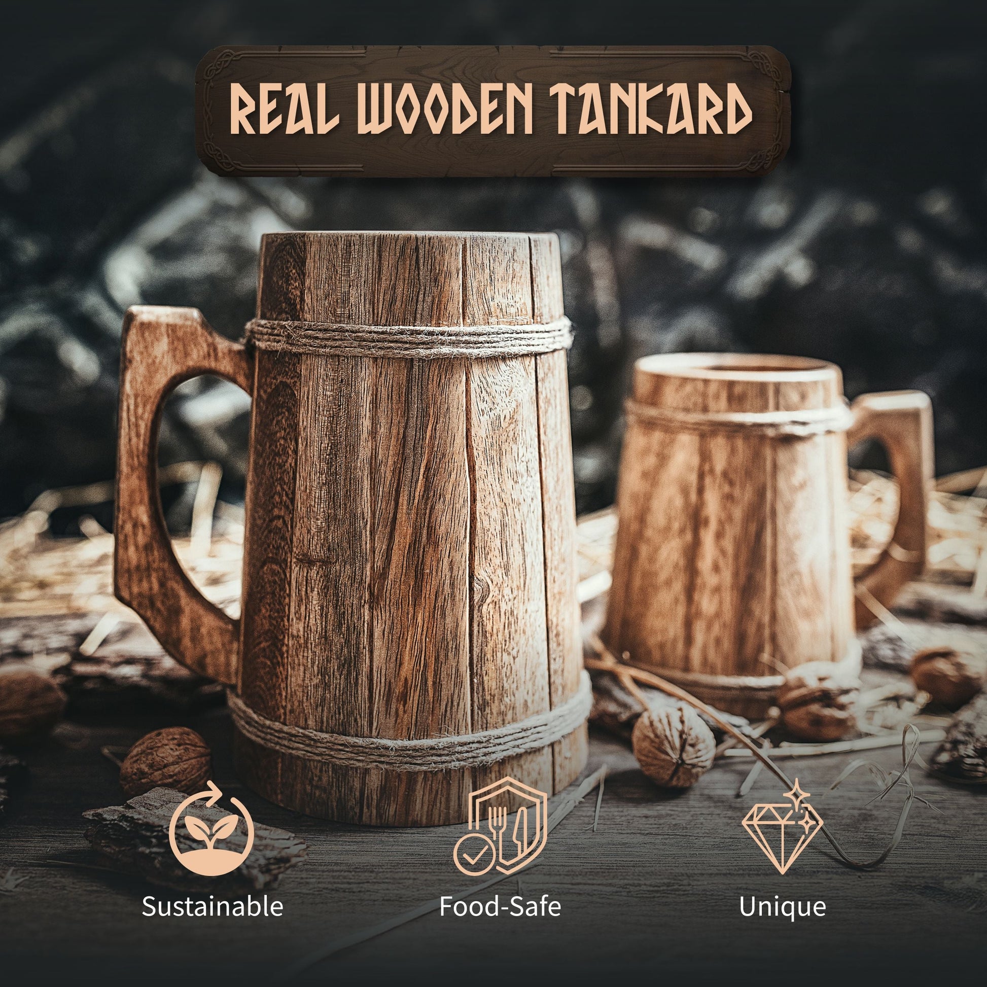 Two wooden tankards on a rustic background with text and icons indicating features.