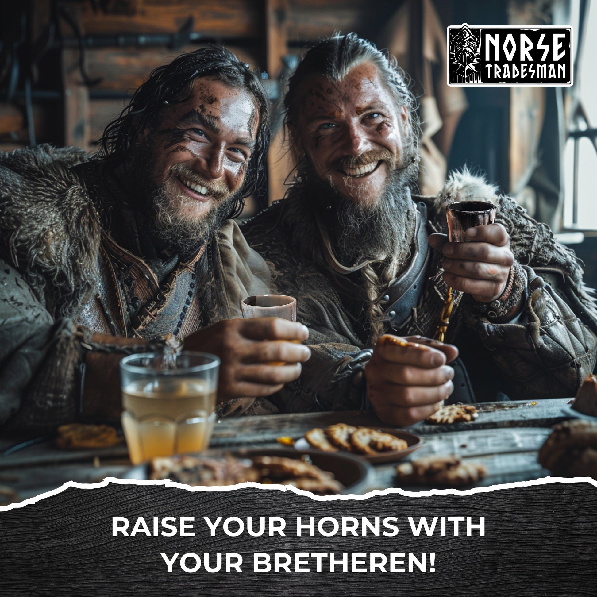 Two men in Viking attire enjoying a drink together with 'Norse Tradesman' branding.