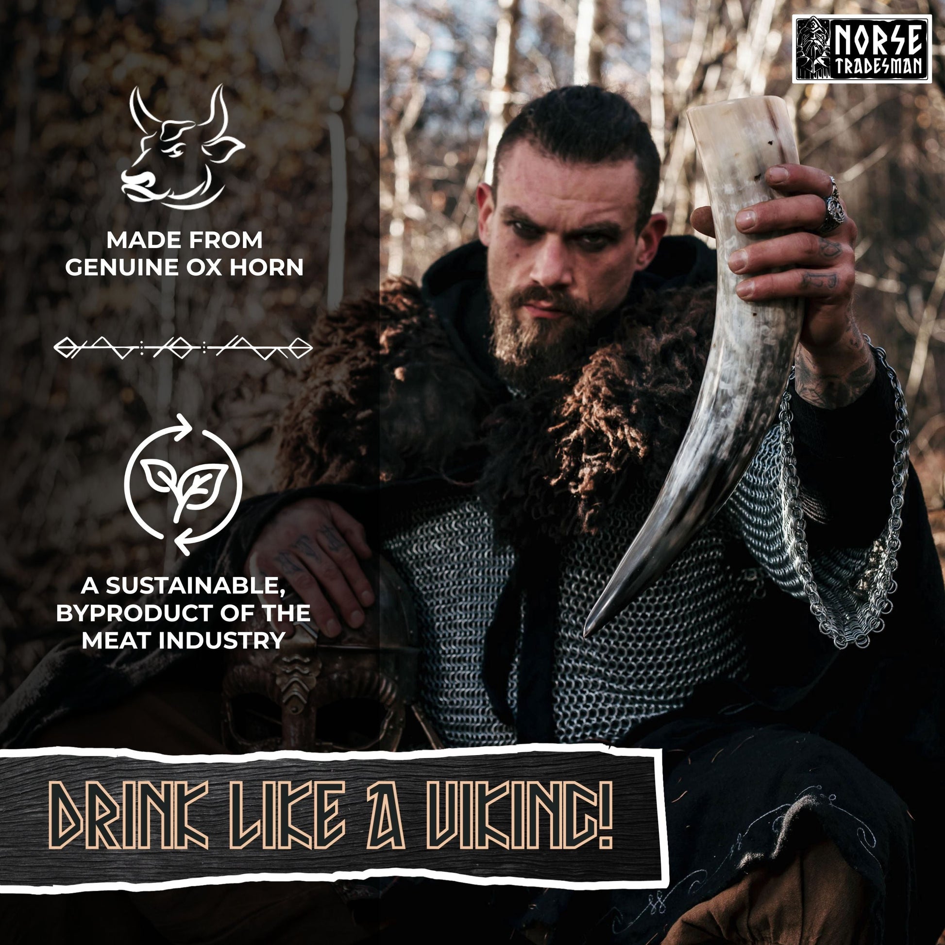Man in Viking attire holding an ox horn with branding and text about sustainability.