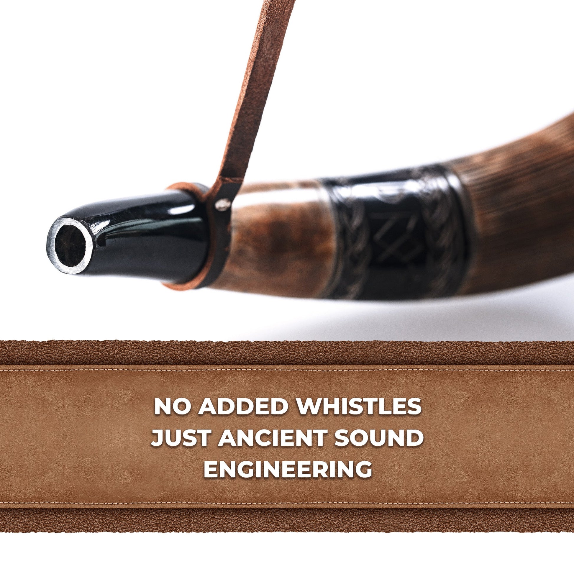 Wooden flute with black mouthpiece on a white background, text 'No added whistles just ancient sound engineering' below.