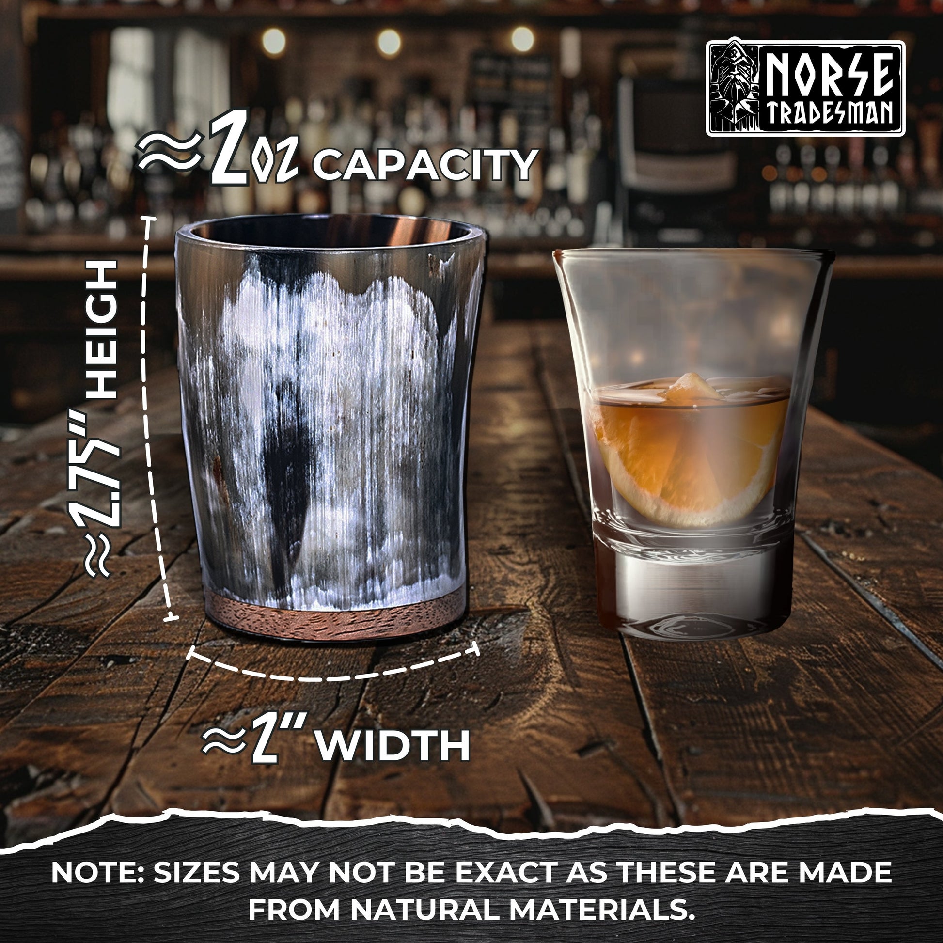 Two glasses on a wooden surface with measurements and Norse Tradesman branding.