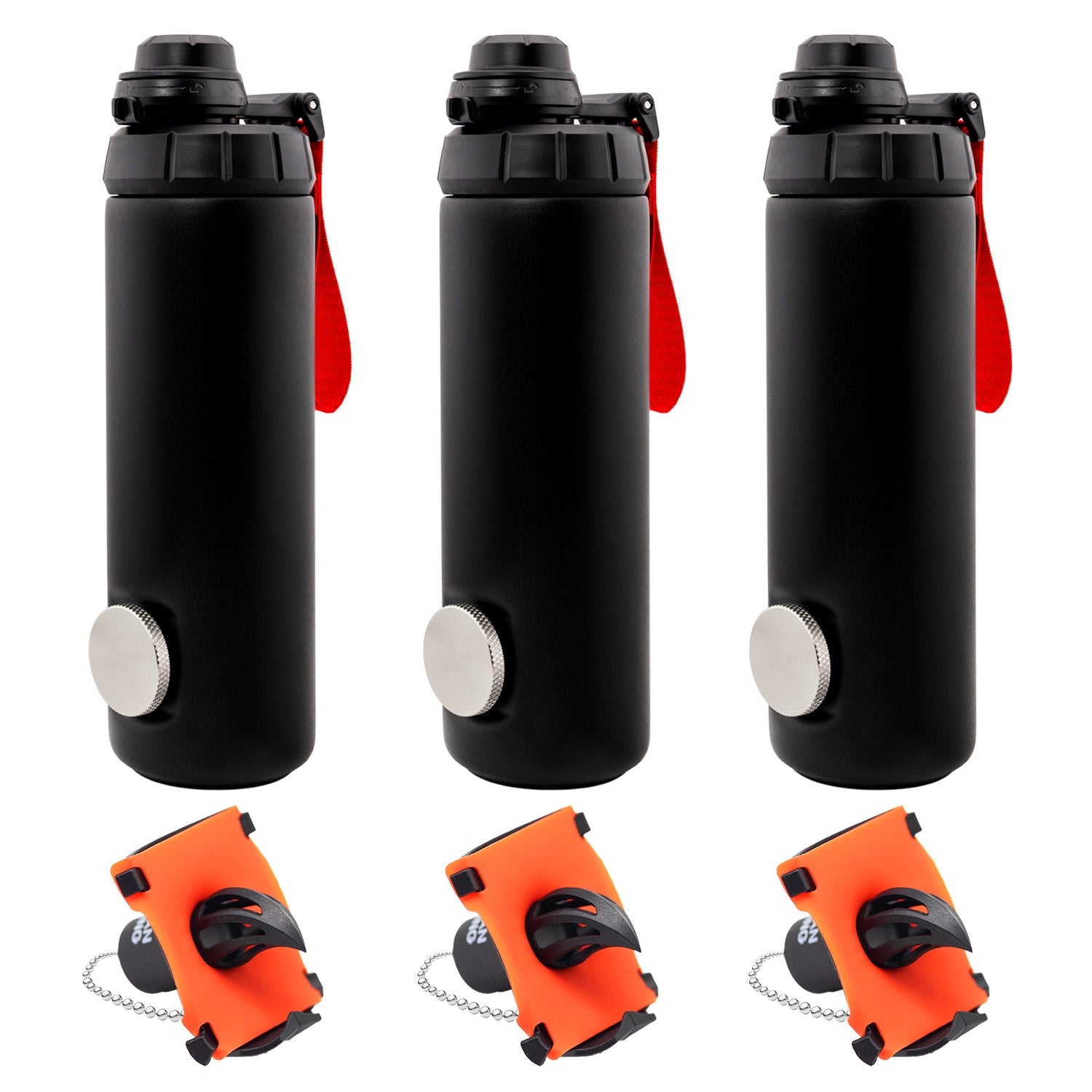 RIPTIDE The Shotgun Bottle - Shotgun in black, featuring a stainless steel design and diagonal red strap for easy transport.