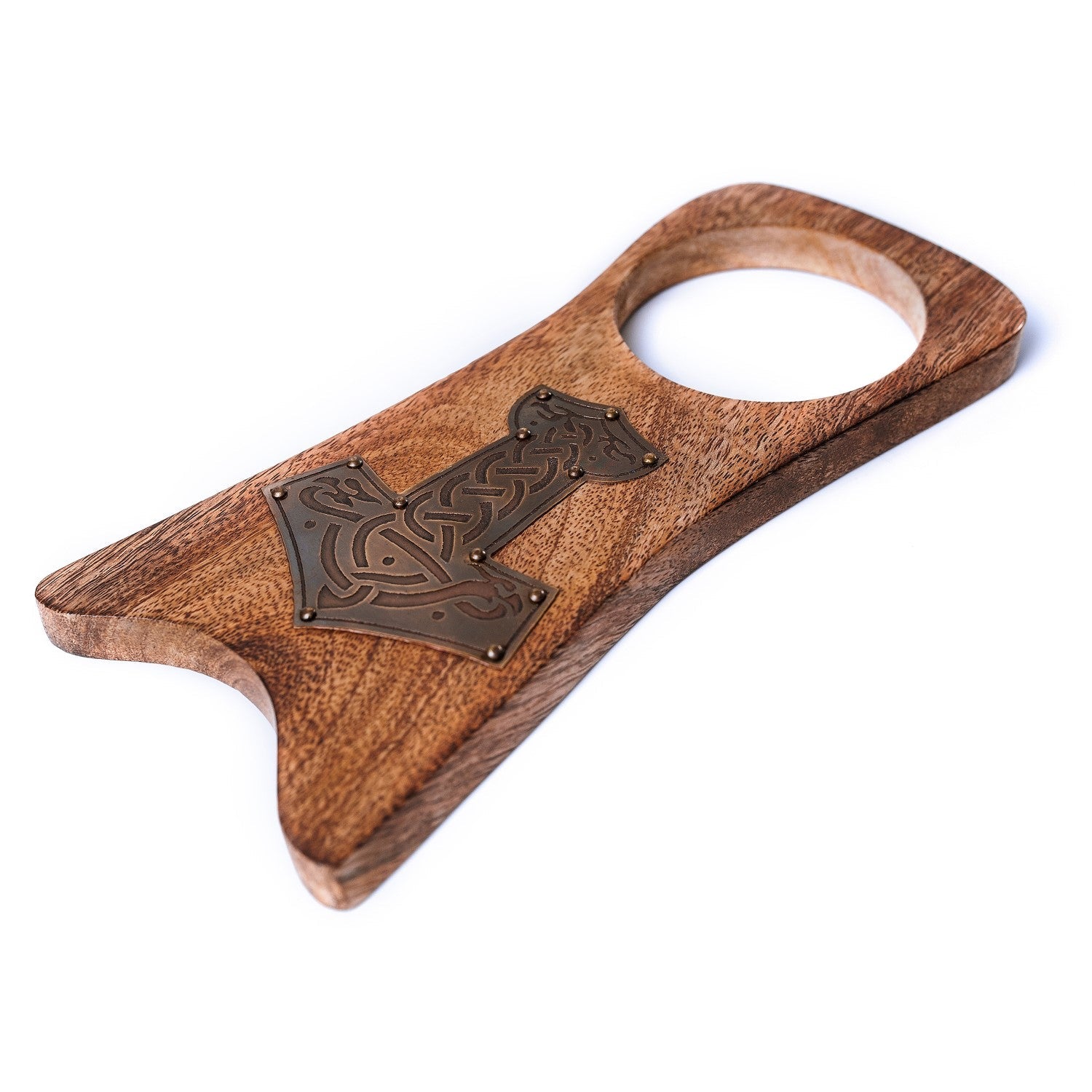 Wooden bottle opener with decorative metal emblem on a white background