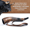 Decorative ox-horn with a bull head on a brown background, text about responsible sourcing.
