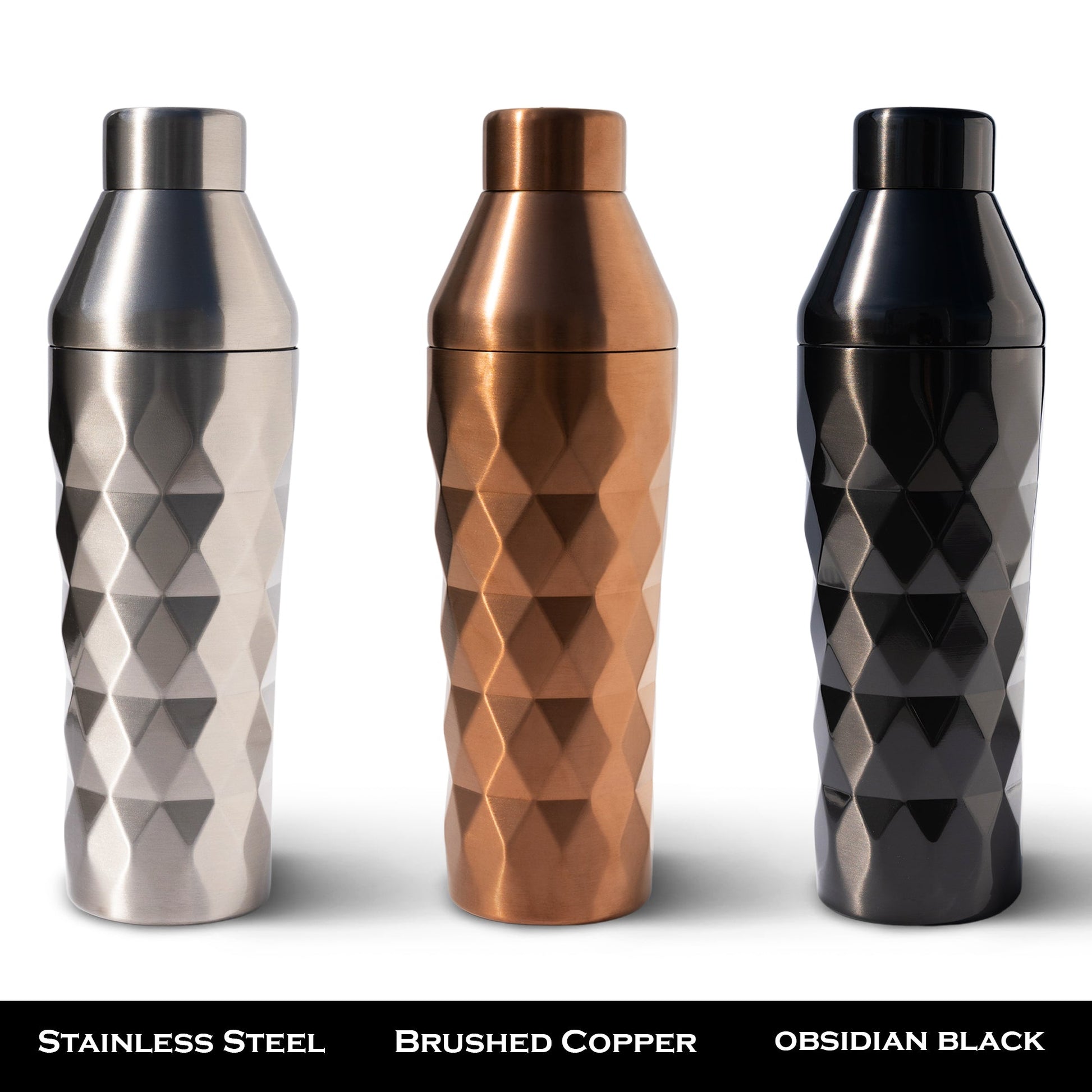 FANCY MAN Insulated Cocktail Shaker trio in Stainless Steel, Brushed Copper, and Obsidian Black for perfect drinks