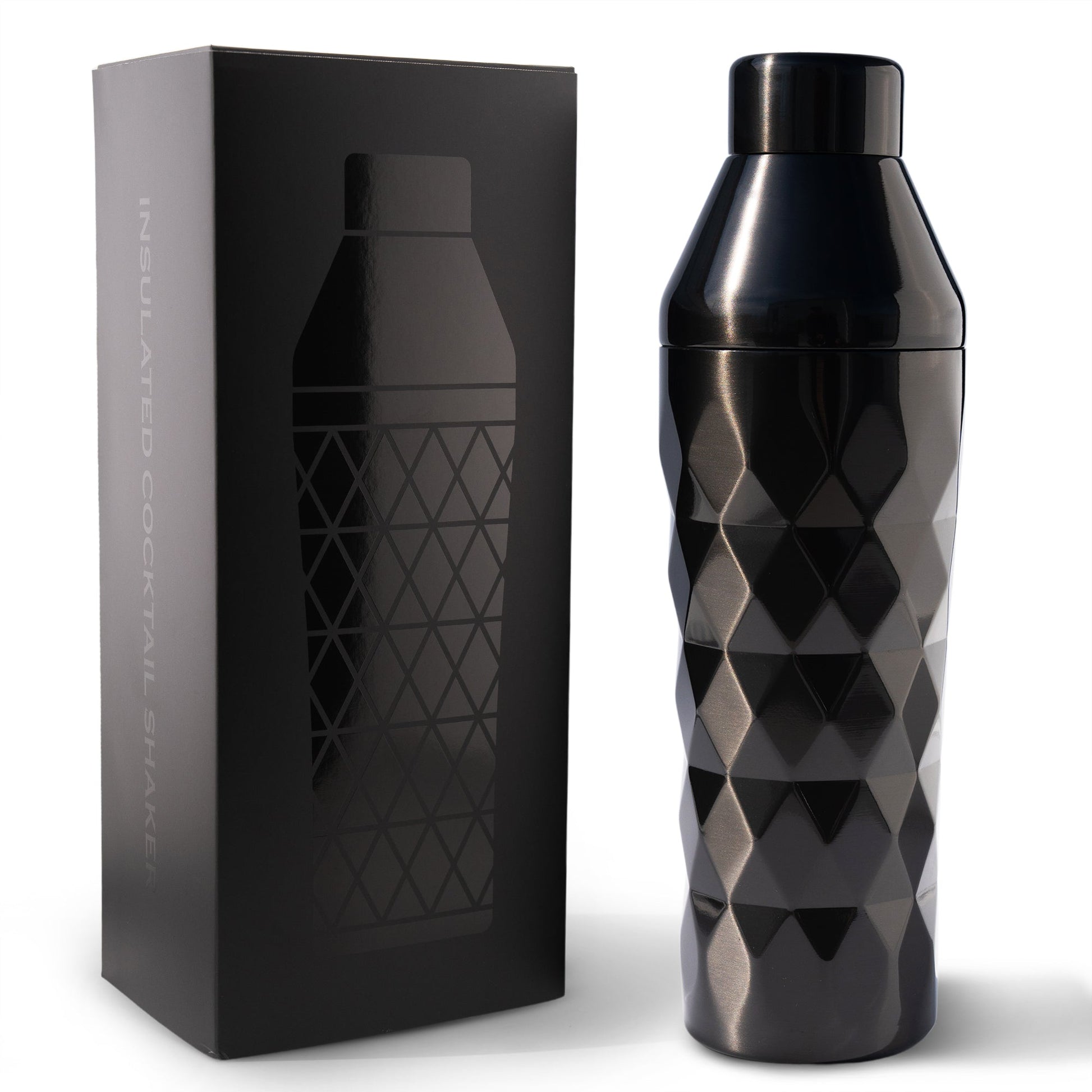FANCY MAN Insulated Cocktail Shaker beside its stylish packaging, designed for cold drinks and warm hands.