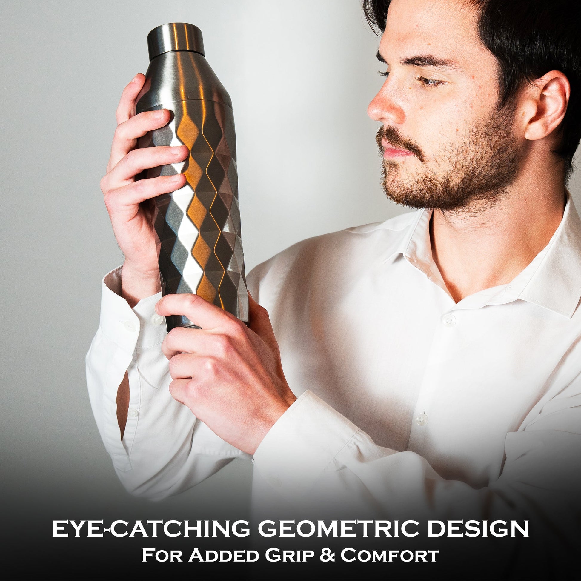 FANCY MAN Insulated Cocktail Shaker featuring an eye-catching geometric design for added grip and comfort.