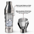FANCY MAN Insulated Cocktail Shaker featuring vacuum insulation and built-in measuring system for convenient cocktails.
