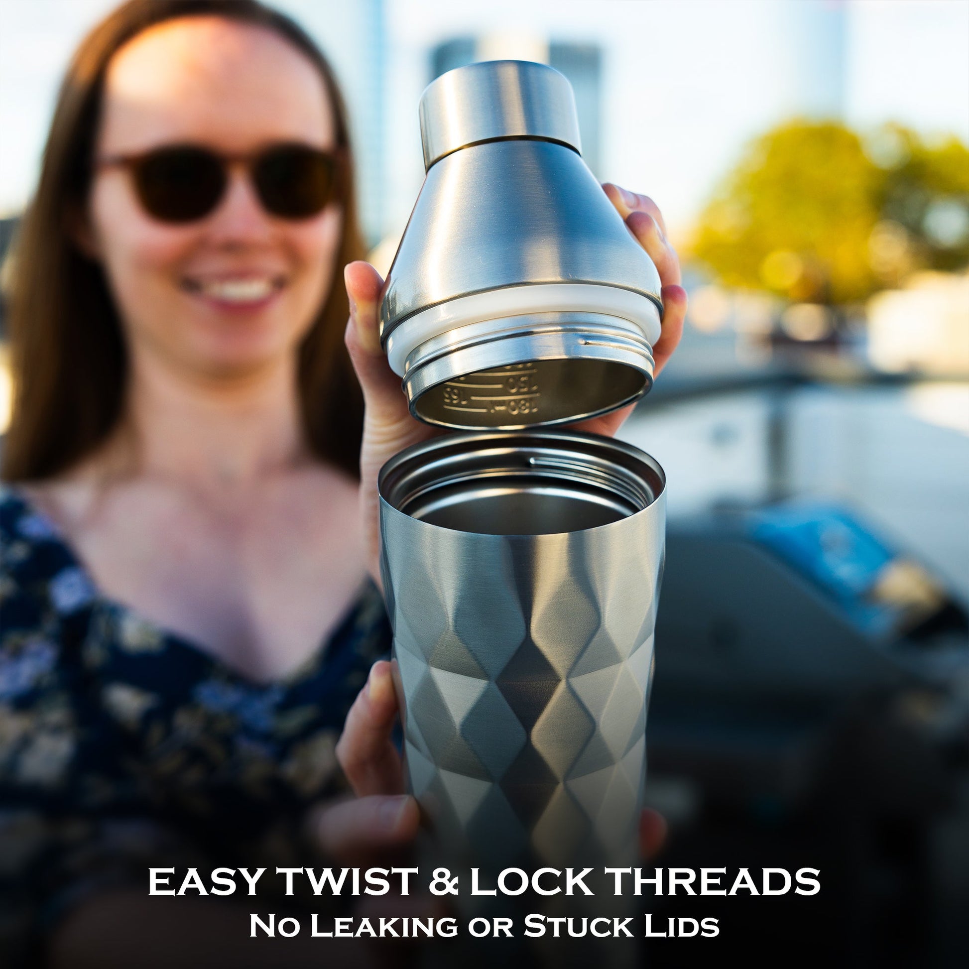 FANCY MAN Insulated Cocktail Shaker featuring easy twist & lock threads for no leaking or stuck lids.