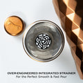 FANCY MAN Insulated Cocktail Shaker showing detailed integrated strainer for perfect smooth and fast pour