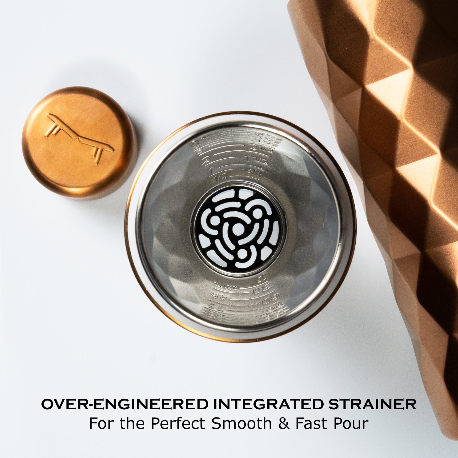 FANCY MAN Insulated Cocktail Shaker showing detailed integrated strainer for perfect smooth and fast pour