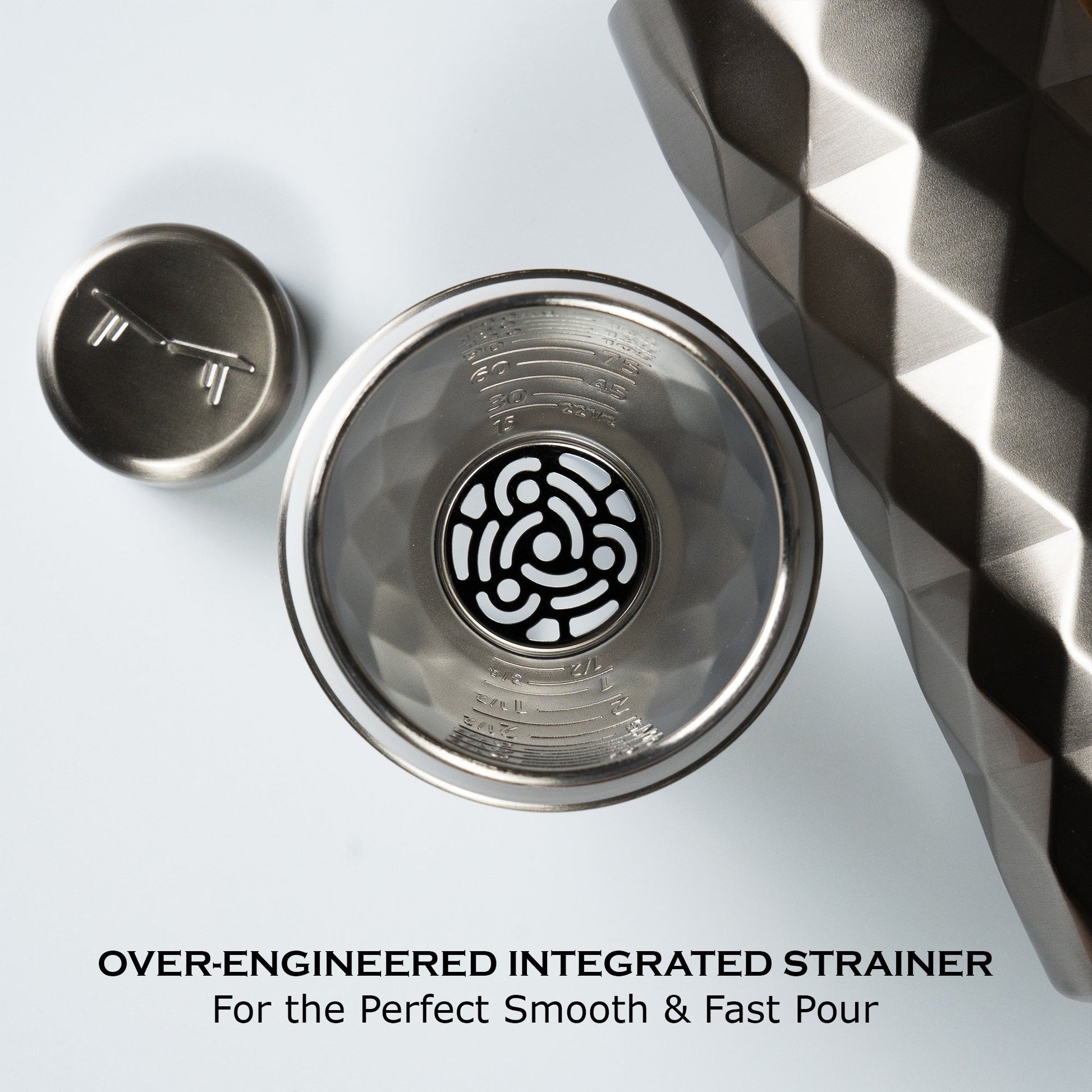 FANCY MAN Insulated Cocktail Shaker showcasing the integrated strainer for smooth and fast pouring.