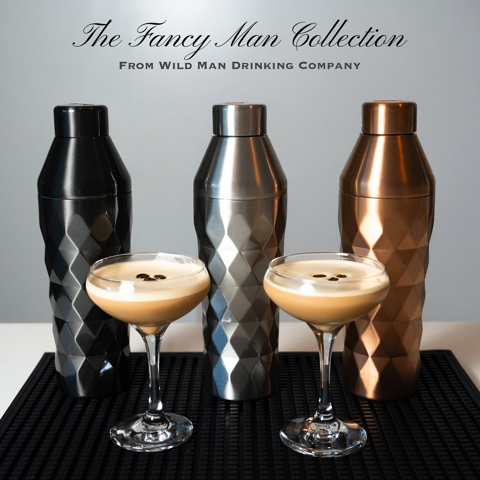 FANCY MAN Insulated Cocktail Shaker collection with cocktails served, showcasing stunning design and functionality.