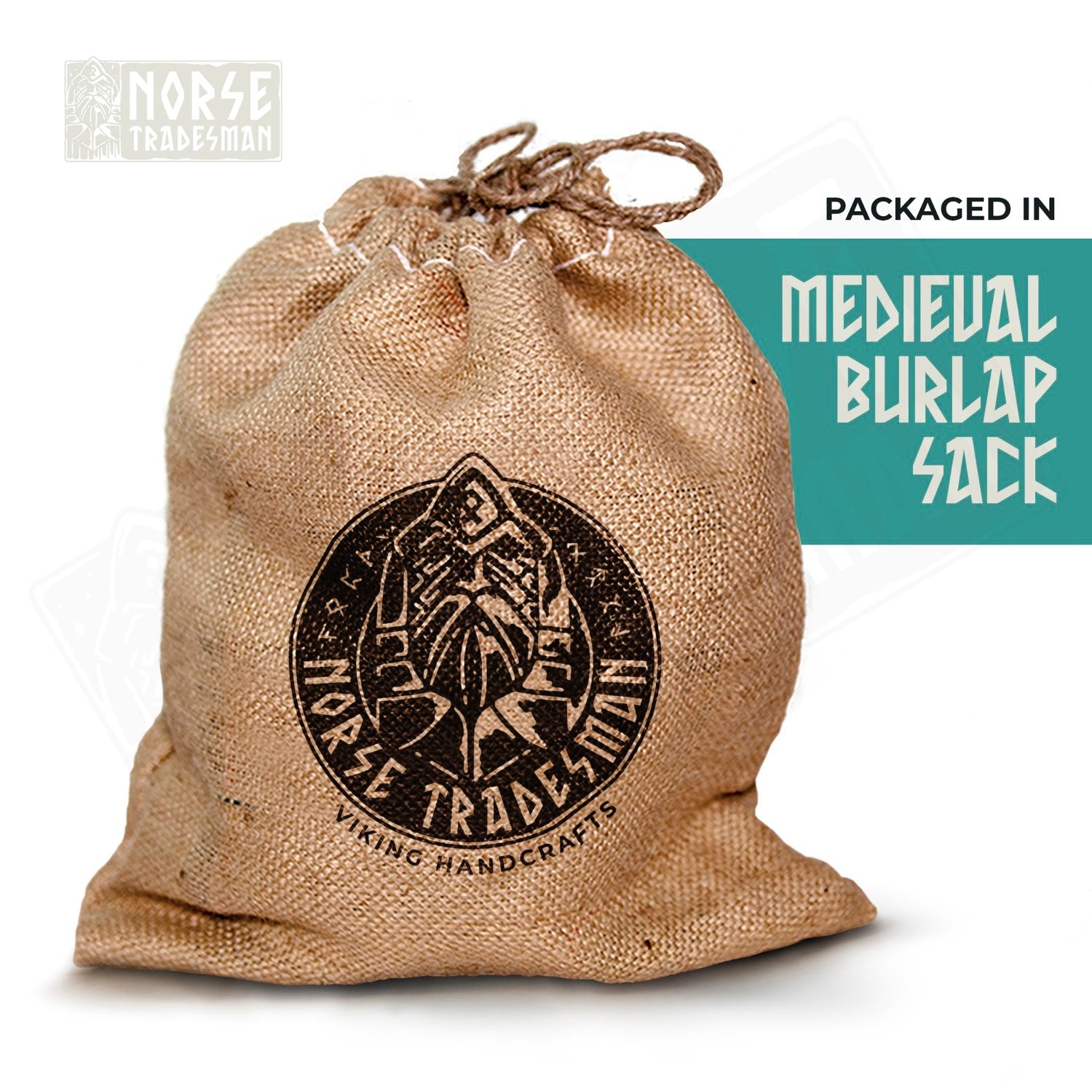 Norse Tradesman burlap sack with logo on a white background