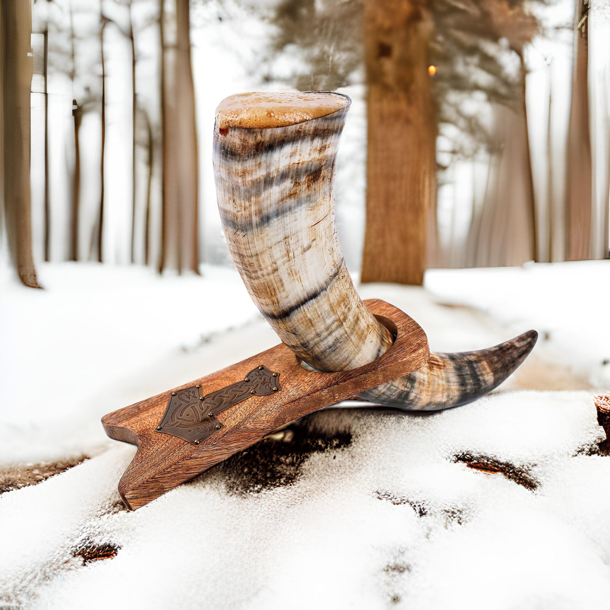 Wooden boot jack with a sock on a snowy ground in a forest