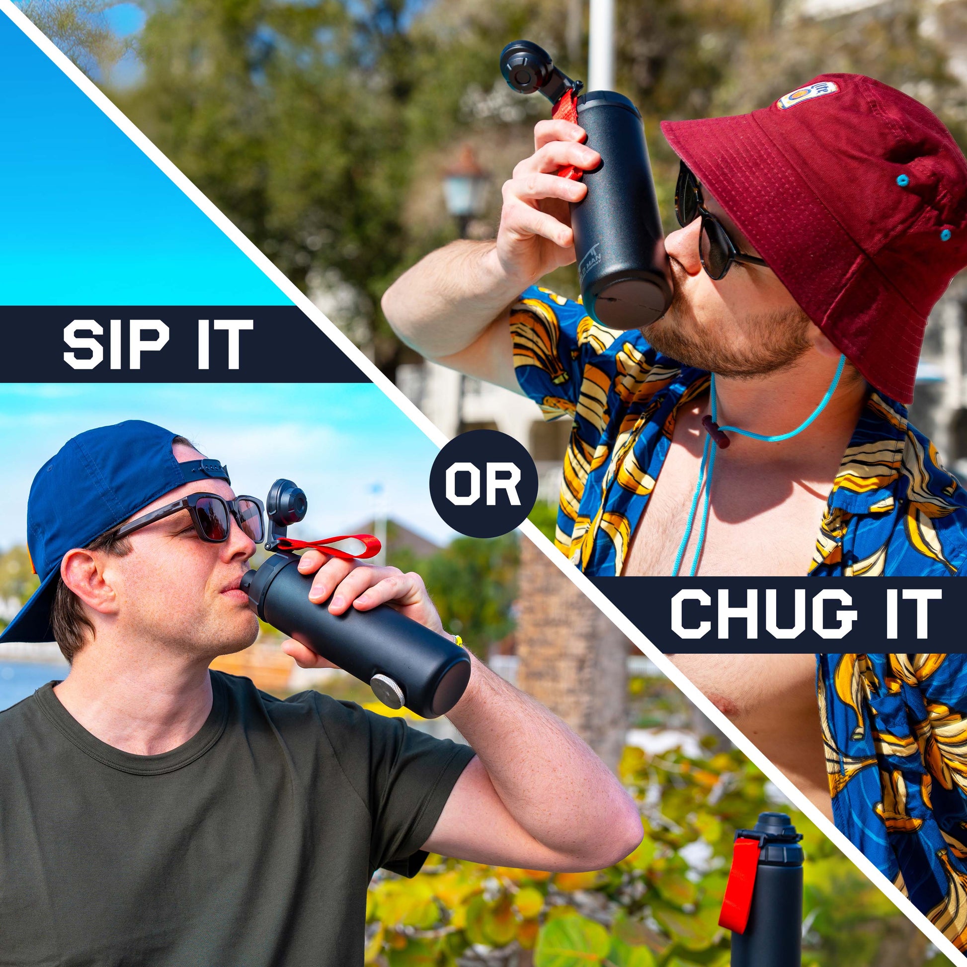 Two men using RIPTIDE The Shotgun Bottle, one sipping and one chugging at an outdoor venue.