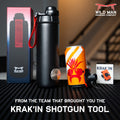 RIPTIDE The Shotgun Bottle displayed next to an orange can and KRAK'IN Shotgun Tool on a textured surface.