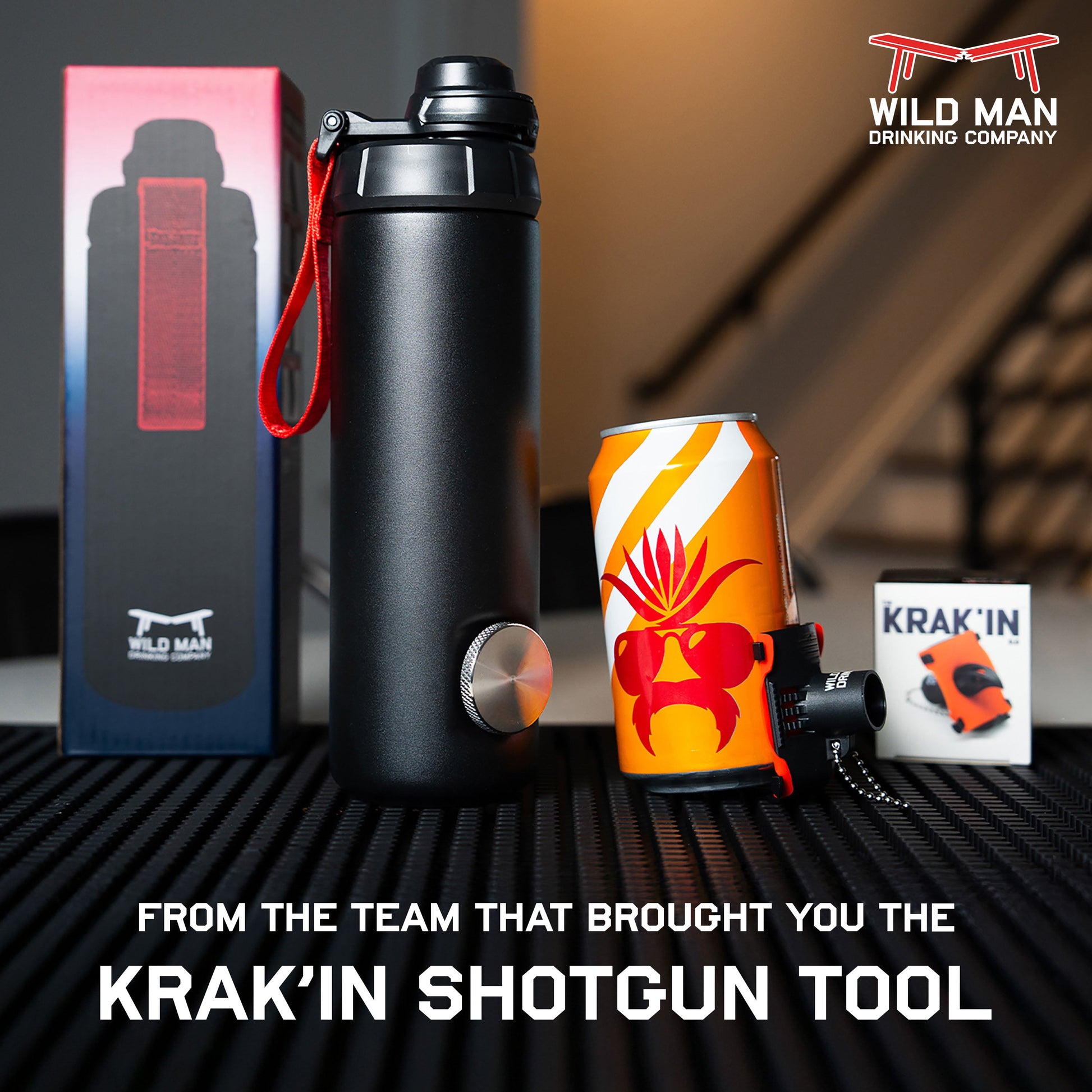 RIPTIDE The Shotgun Bottle displayed next to an orange can and KRAK'IN Shotgun Tool on a textured surface.