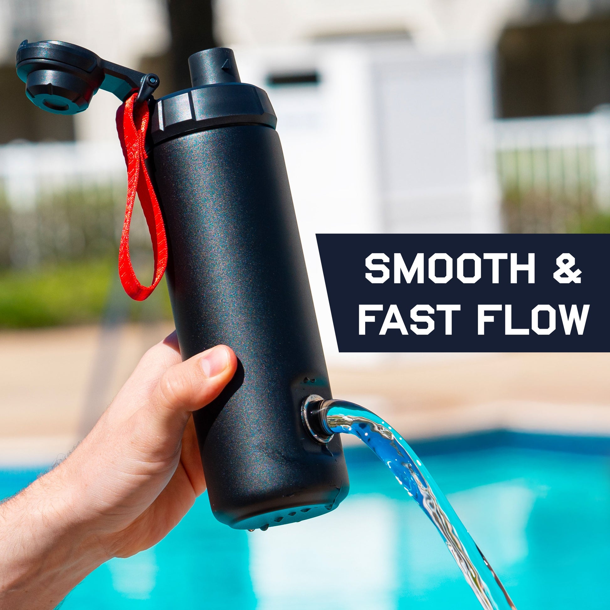 User demonstrating RIPTIDE The Shotgun Bottle with smooth and fast flow feature by a poolside.