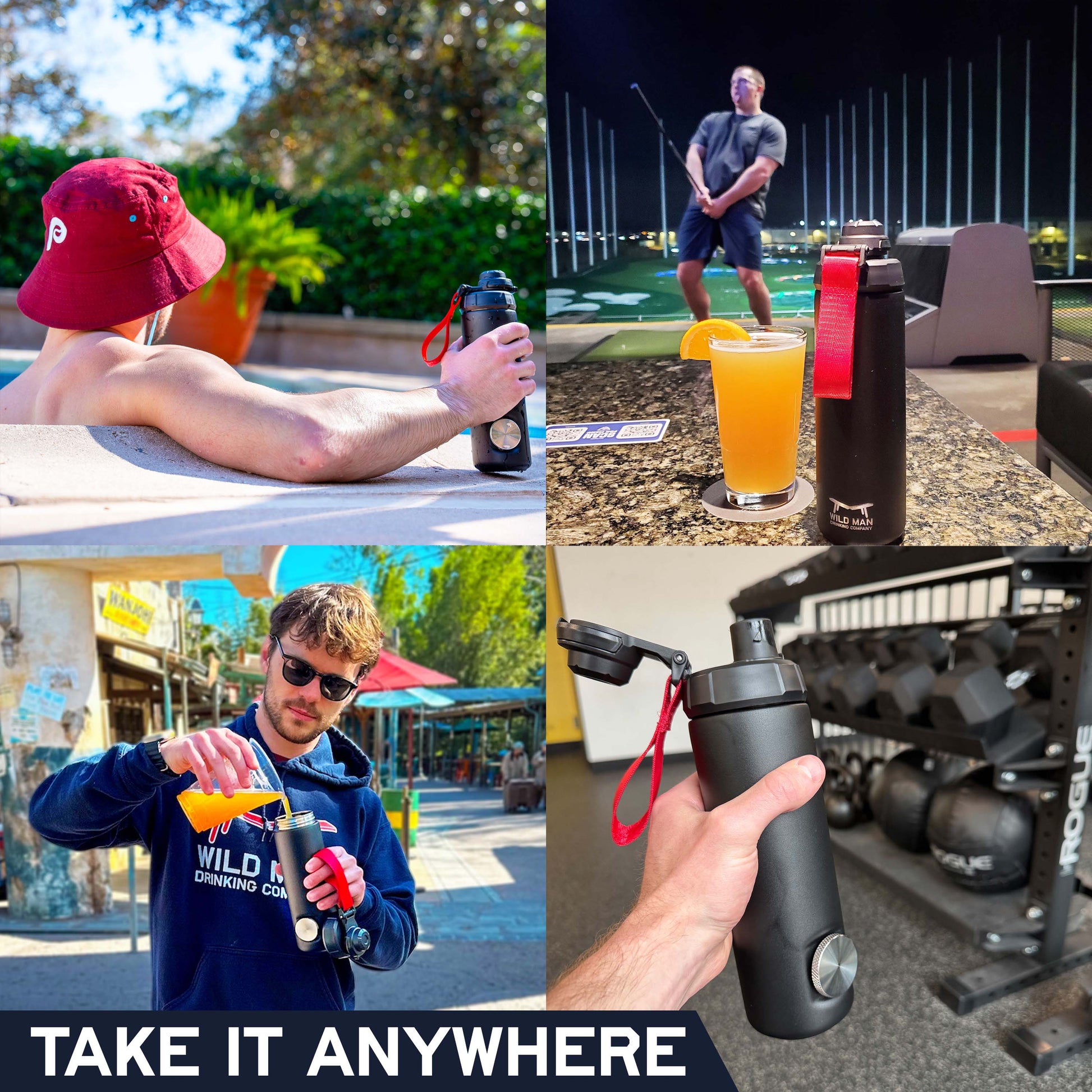 Four images showcasing RIPTIDE The Shotgun Bottle in various activities like relaxing, golfing, and socializing.