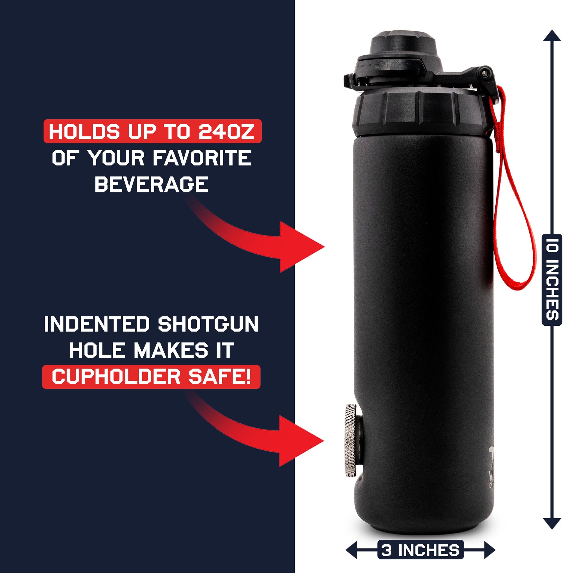 RIPTIDE The Shotgun Bottle showcasing its 24oz capacity and cupholder-safe design with indented shotgun hole.