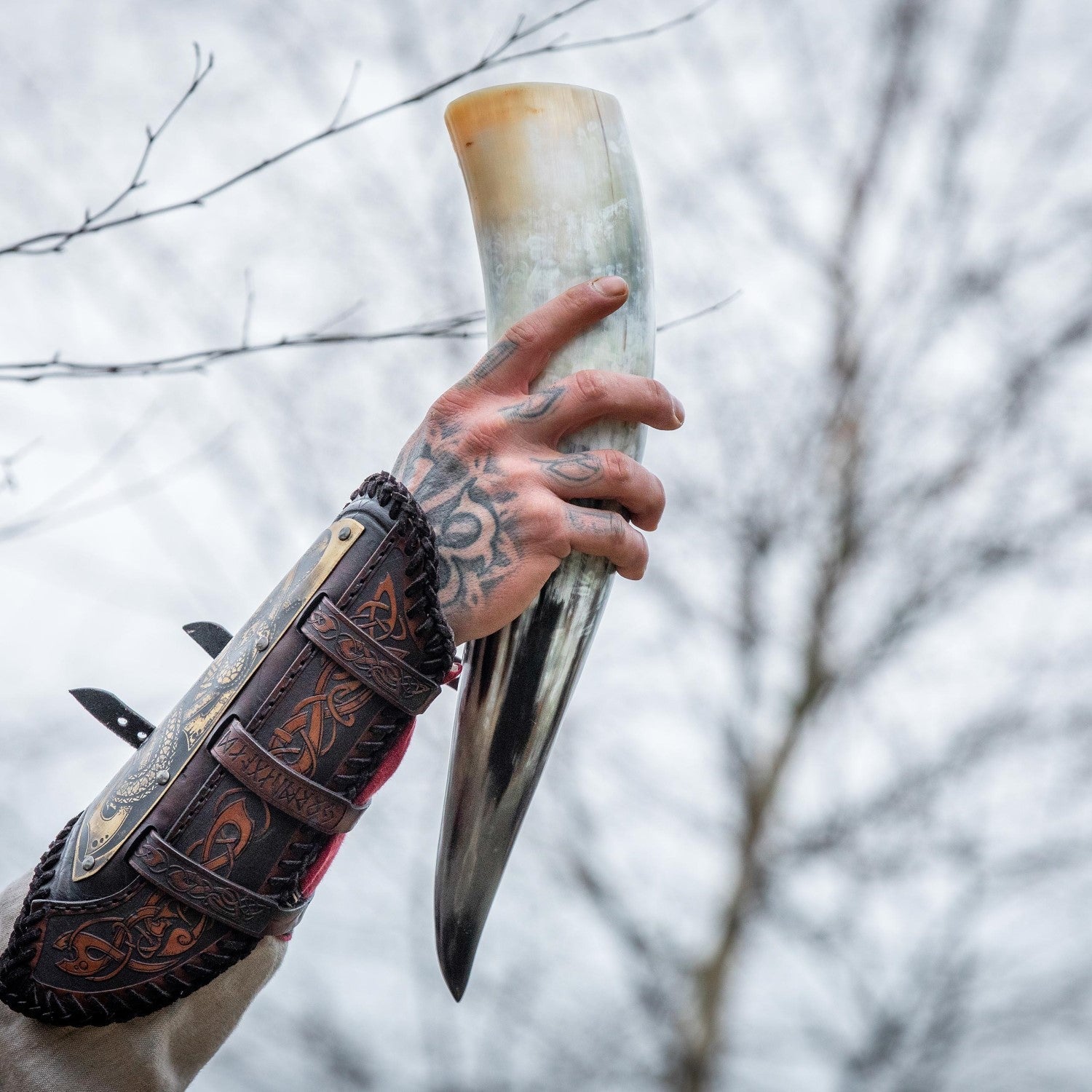 Hand holding a large drinking horn with intricate designs, against a blurred natural background.