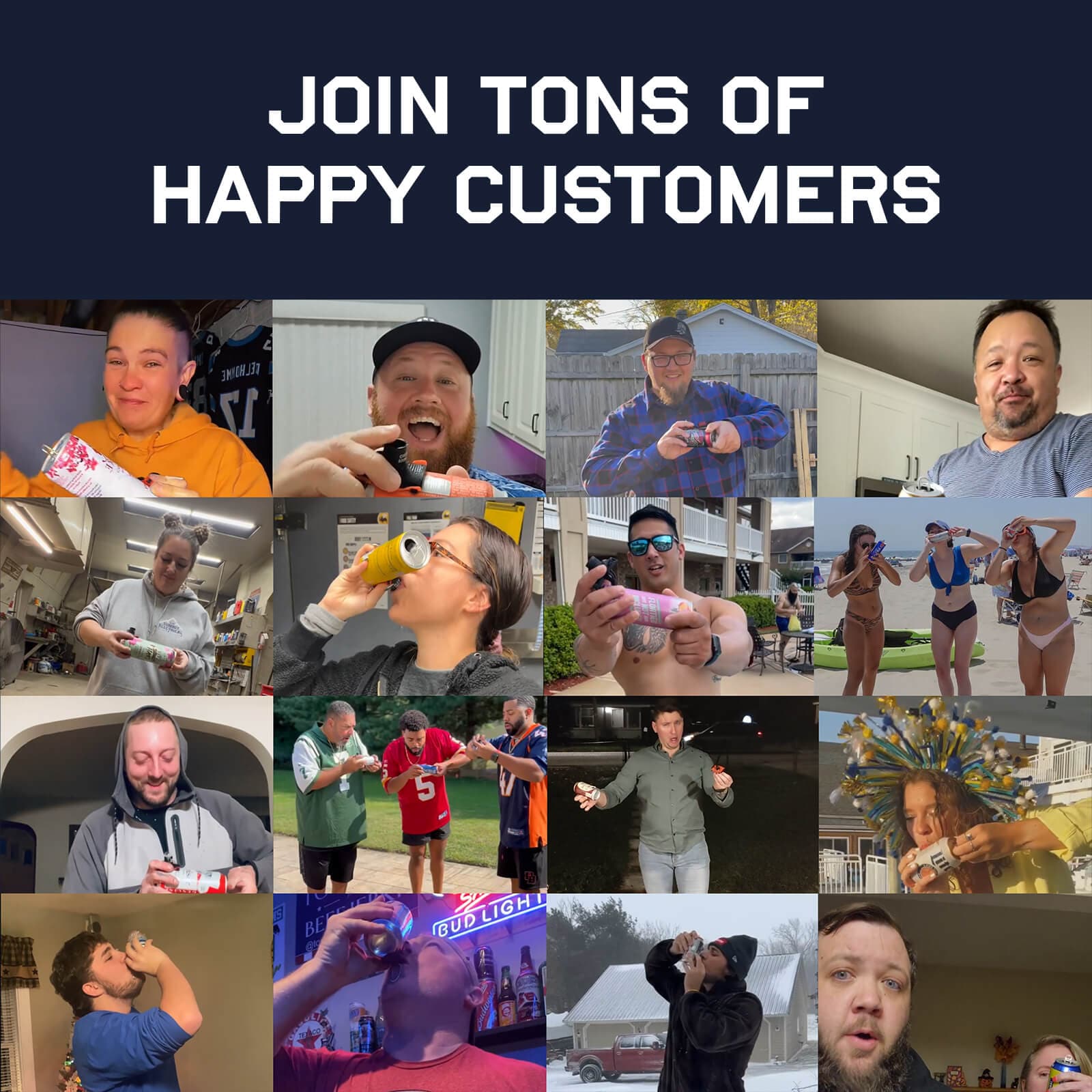 Happy customers celebrating with The Krak'in 2.0 shotgun tool, showcasing fun and enjoyment.