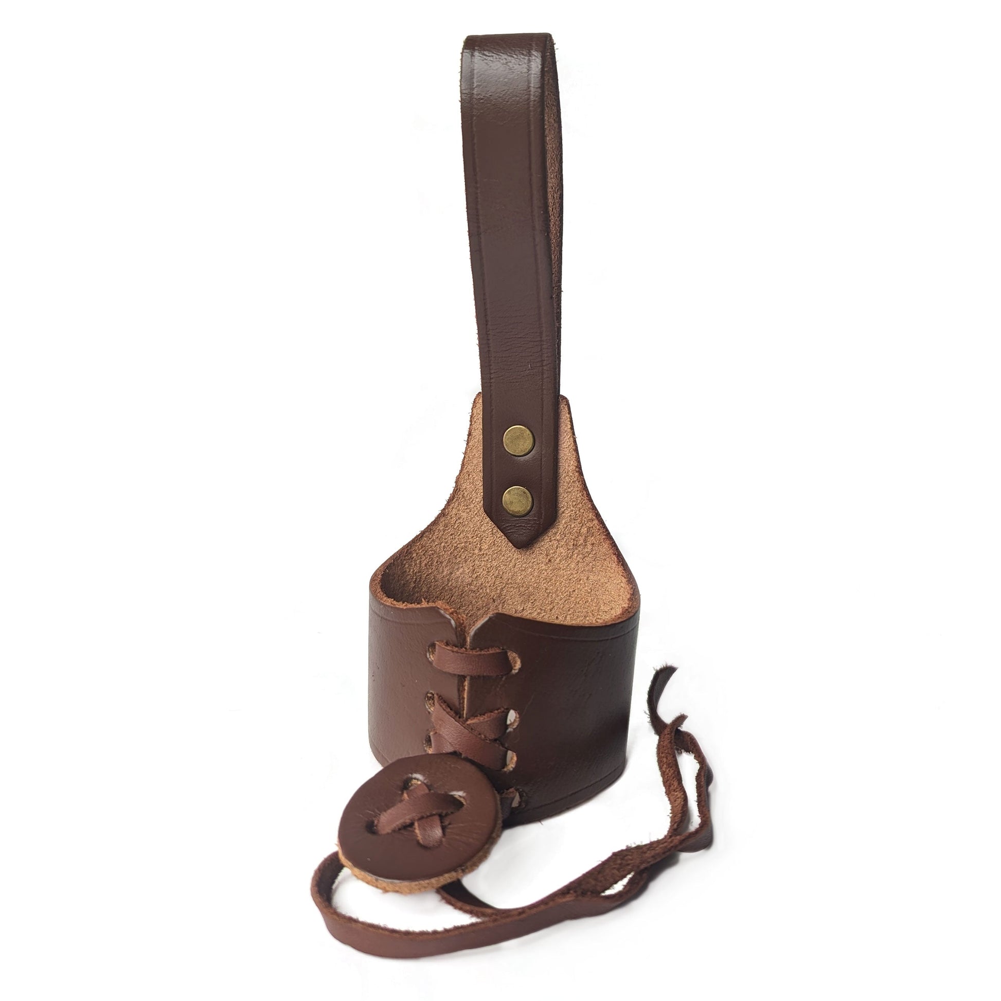Brown leather pouch with a strap on a white background