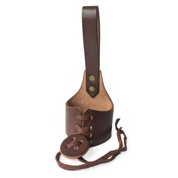 Brown leather pouch with a strap on a white background
