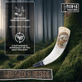 Decorative horn with Norse Tradesman branding against a forest background