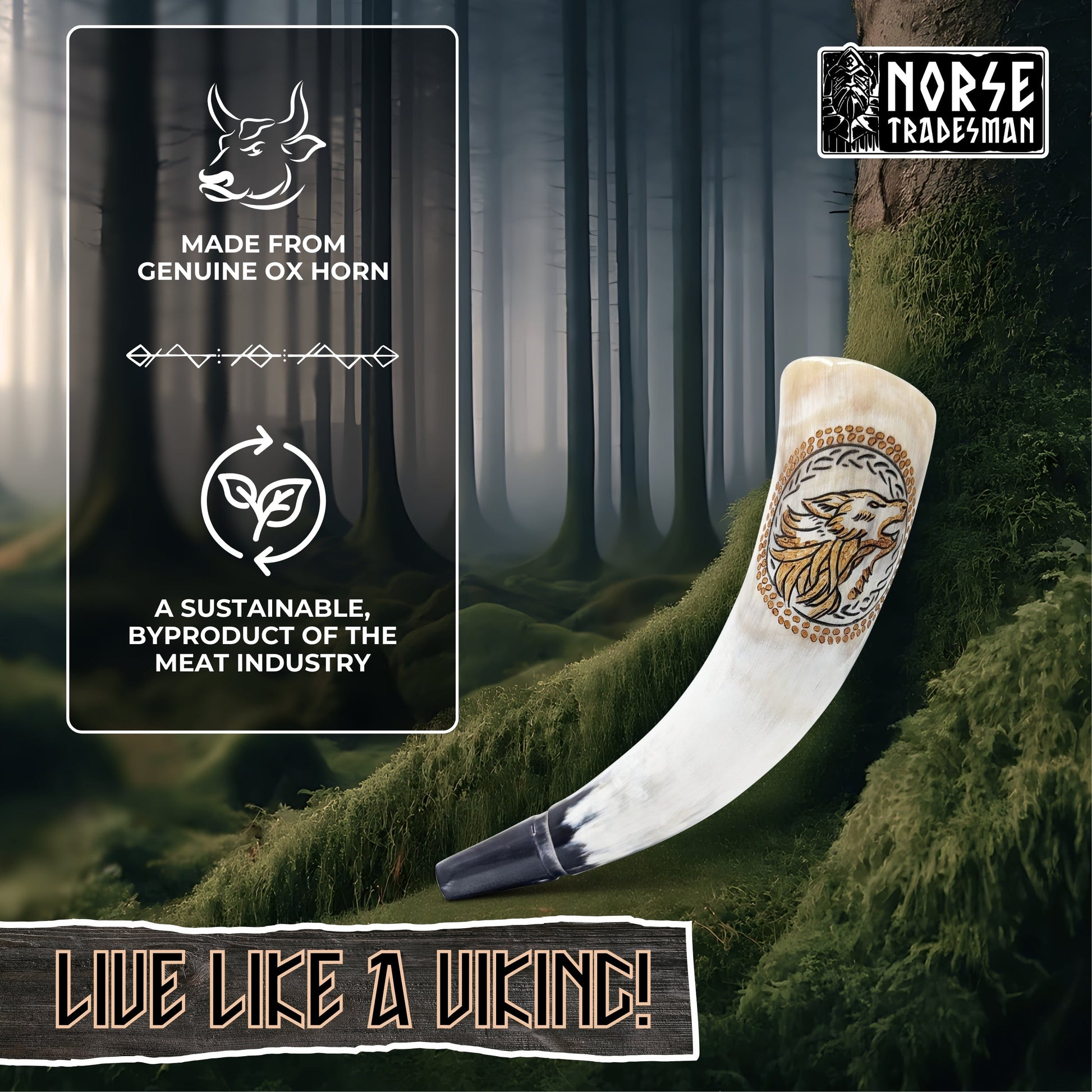 Decorative horn with Norse Tradesman branding against a forest background
