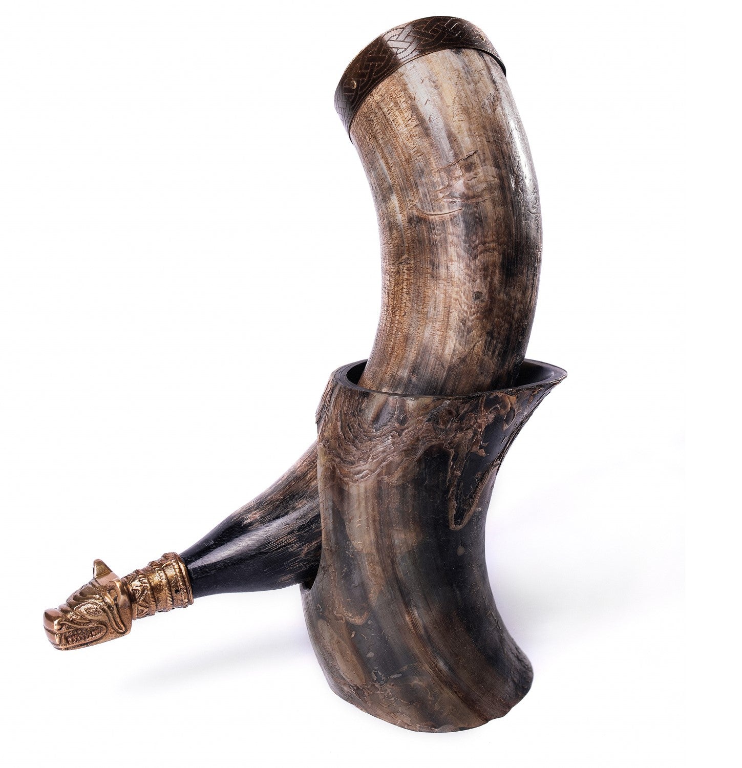 Decorative horn with dragon head design on a white background
