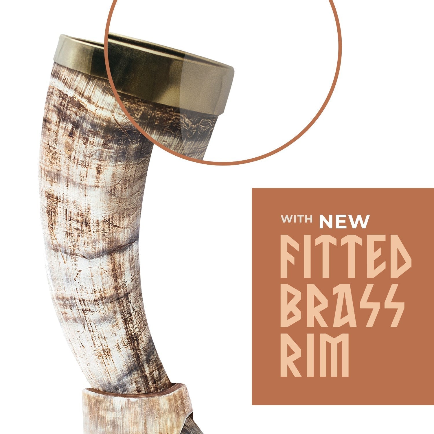 Viking-style drinking horn with a new fitted brass rim on a white background