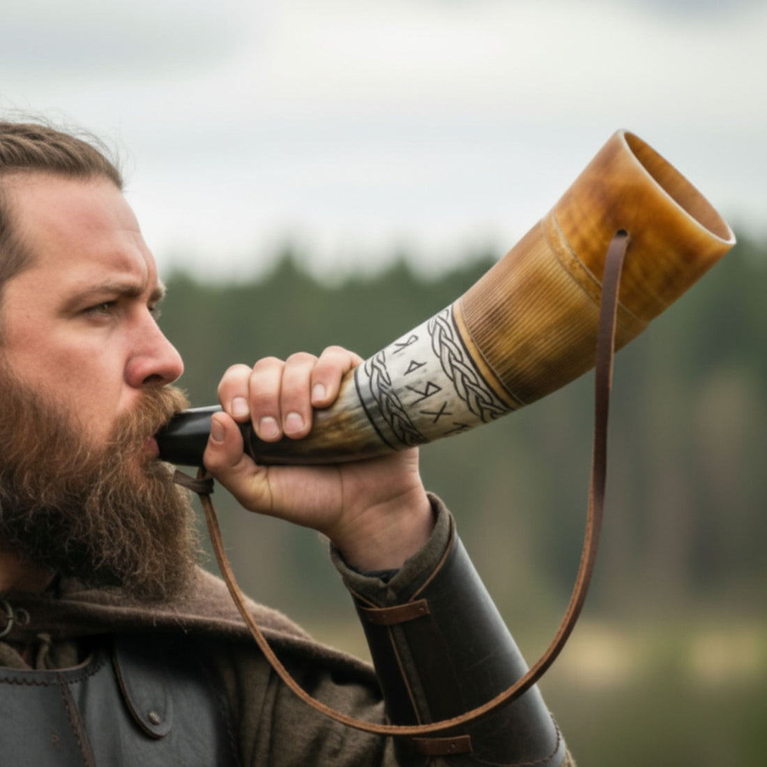 Man blowing into a decorative horn with a blurred natural background