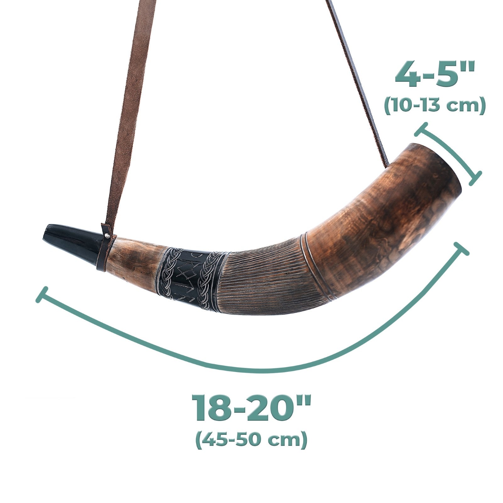 Decorative horn with measurement details on a white background