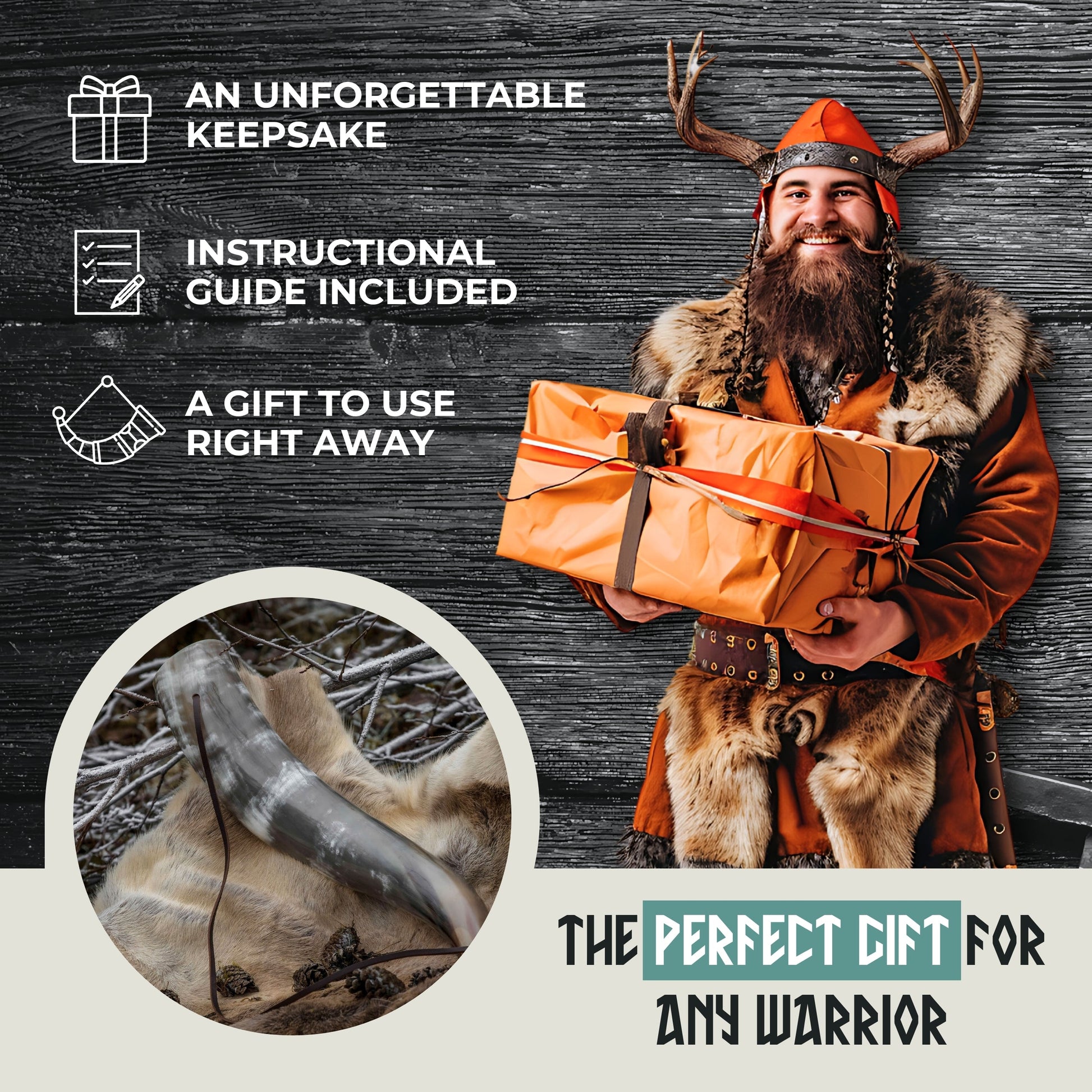 Person in Viking costume holding a gift with text about it, against a wooden background.