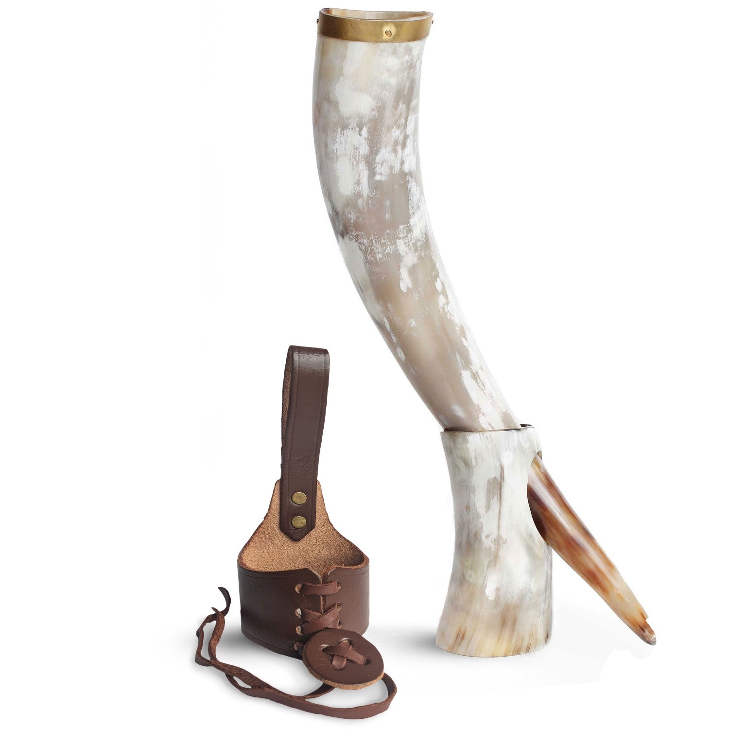 Horn with leather holder on a white background