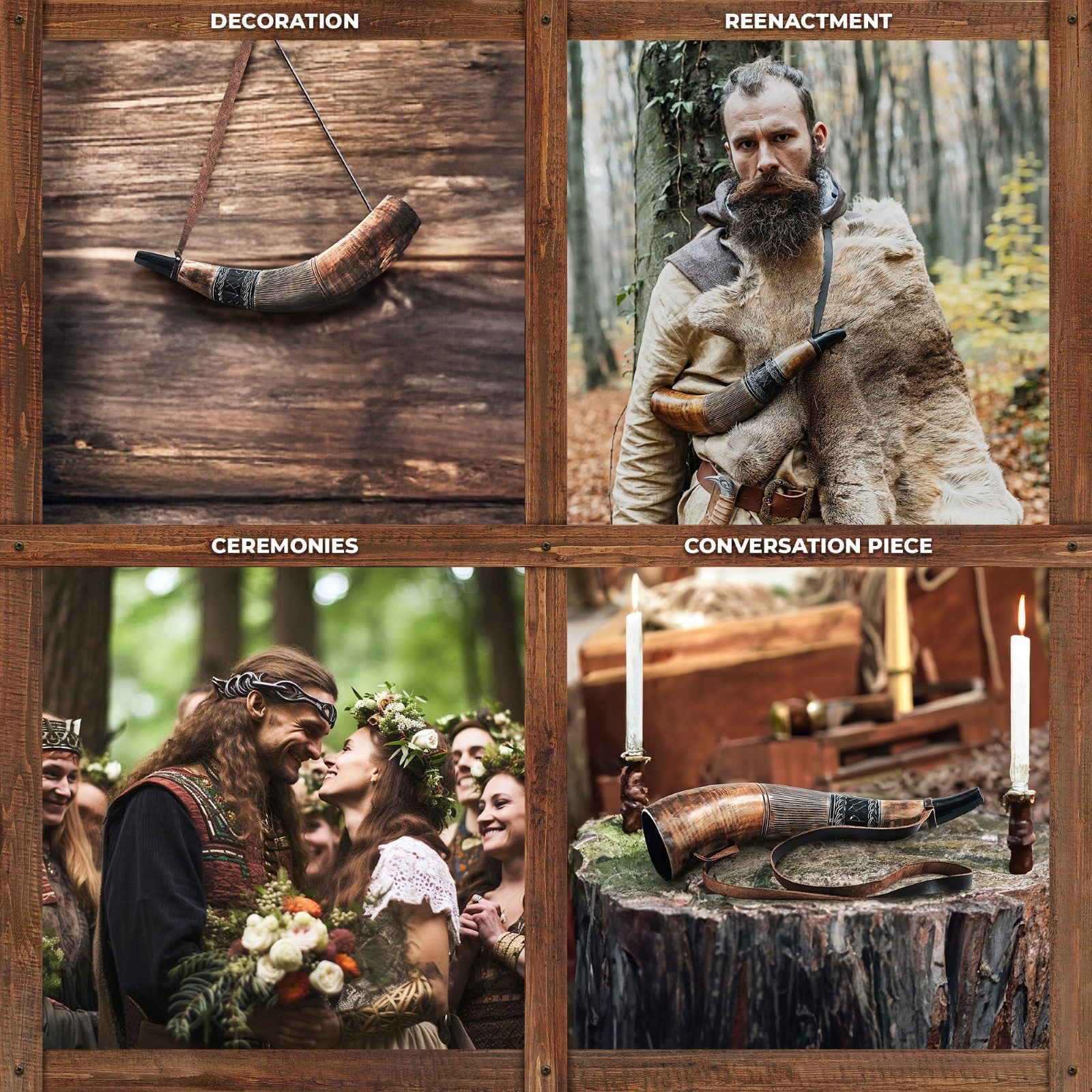 Collage of images showing a horn with text labels on decoration, reenactment, ceremonies, and conversation piece.