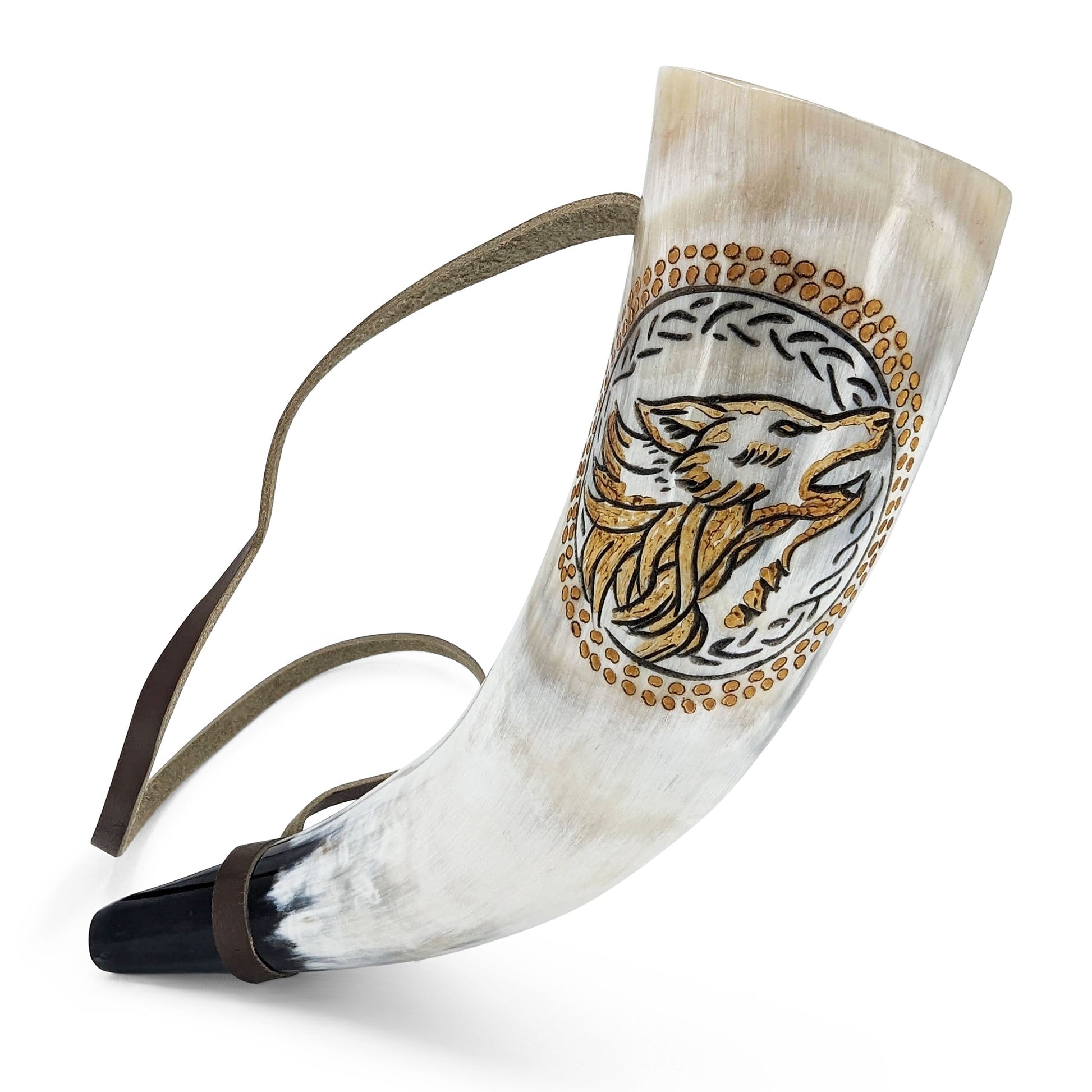 Decorative horn with a wolf design on a white background