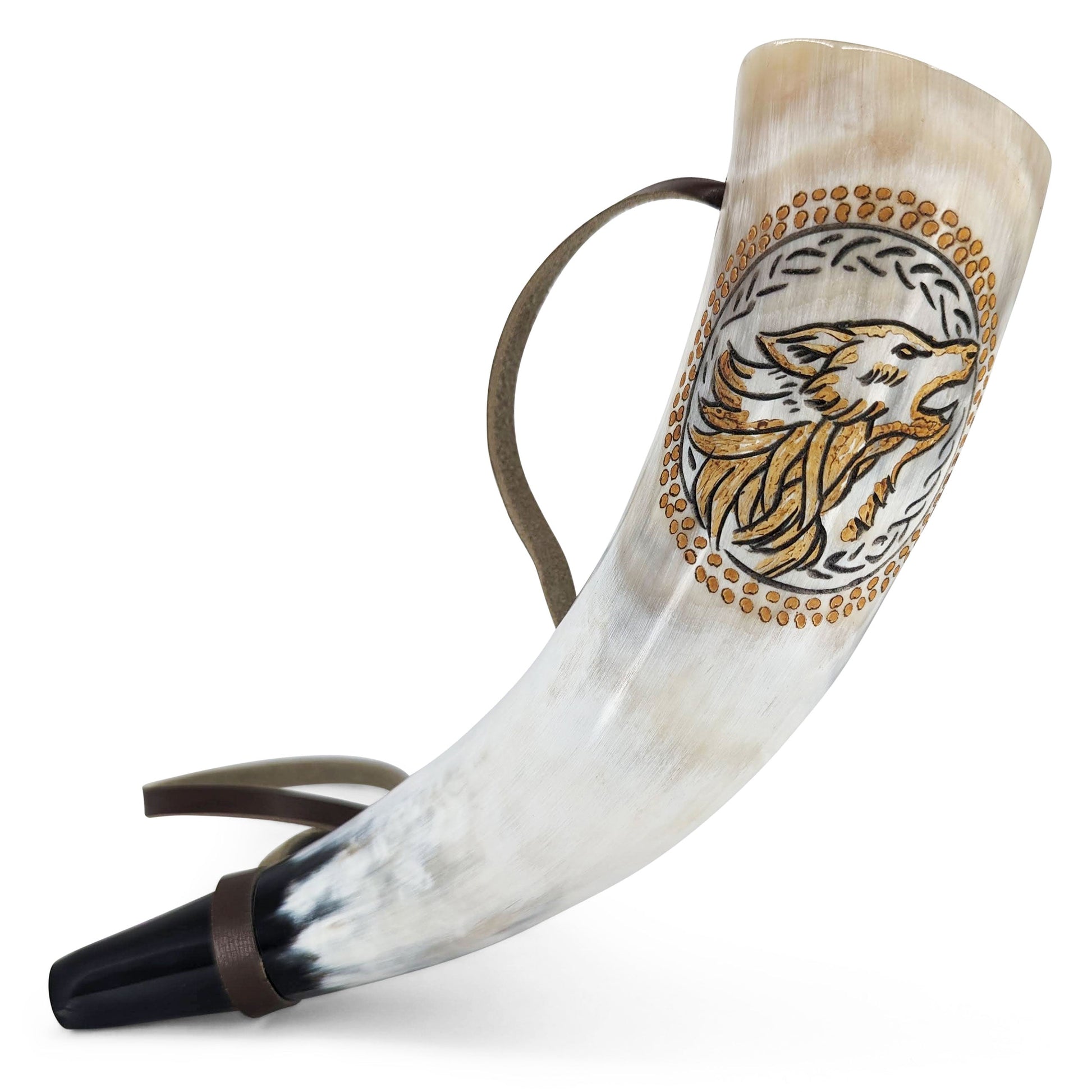 Decorative horn with a wolf design on a white background